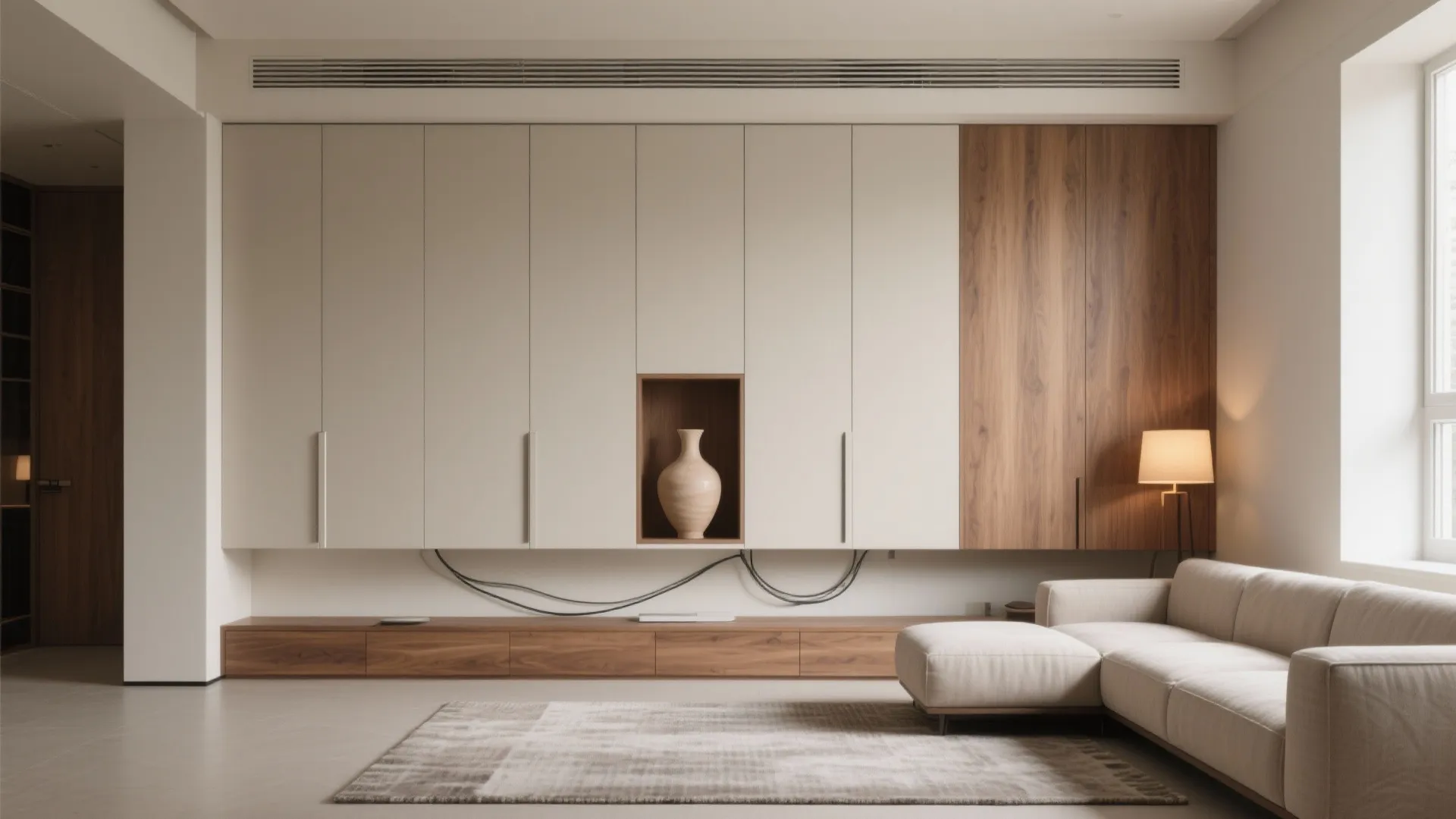 Modern living room with white wall cabinet, wooden furniture, beige sofa, floor rug, and lamp