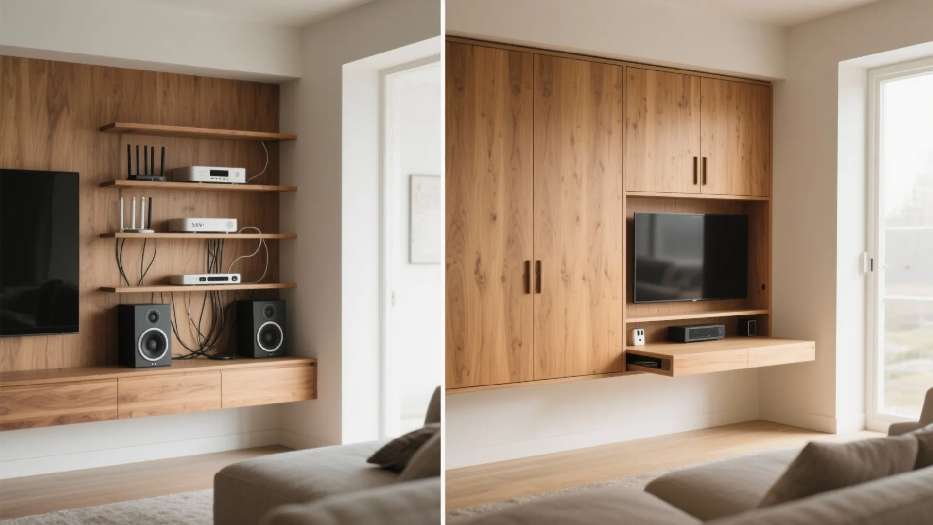 2) Hidden Storage Behind Warm Panels