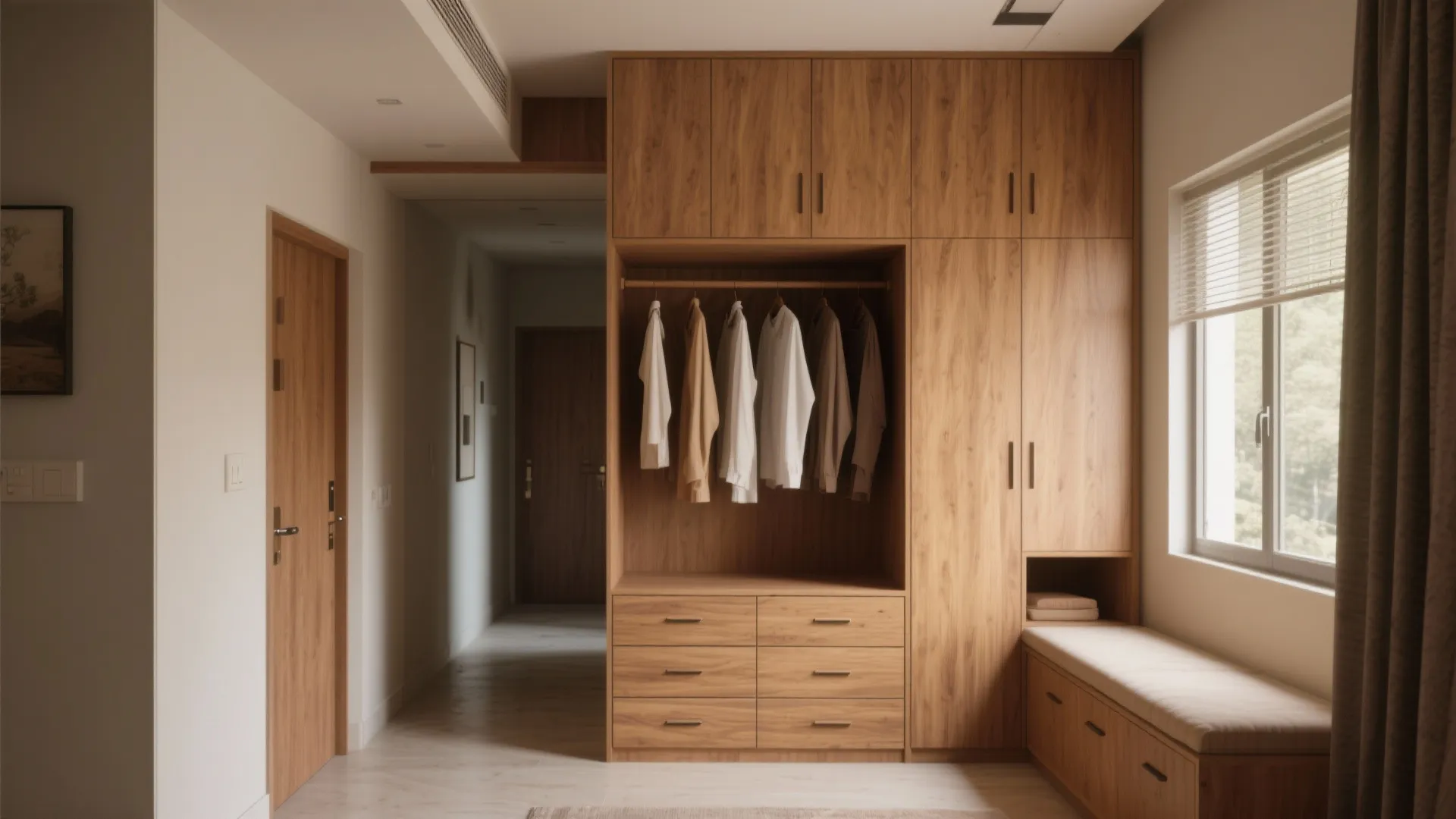 Large wooden wardrobe with hanging clothes drawers and built in bench seat next to bedroom window
