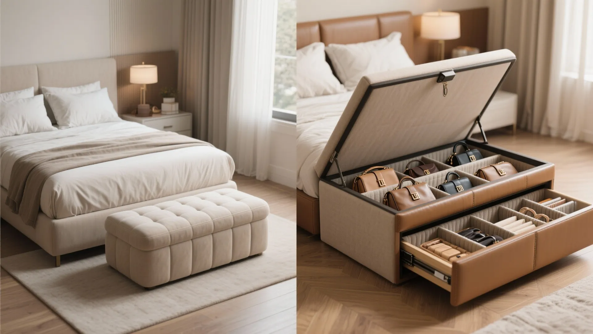 Modern bedroom featuring a footrest with hidden storage compartments and drawers for organized hand bag storage