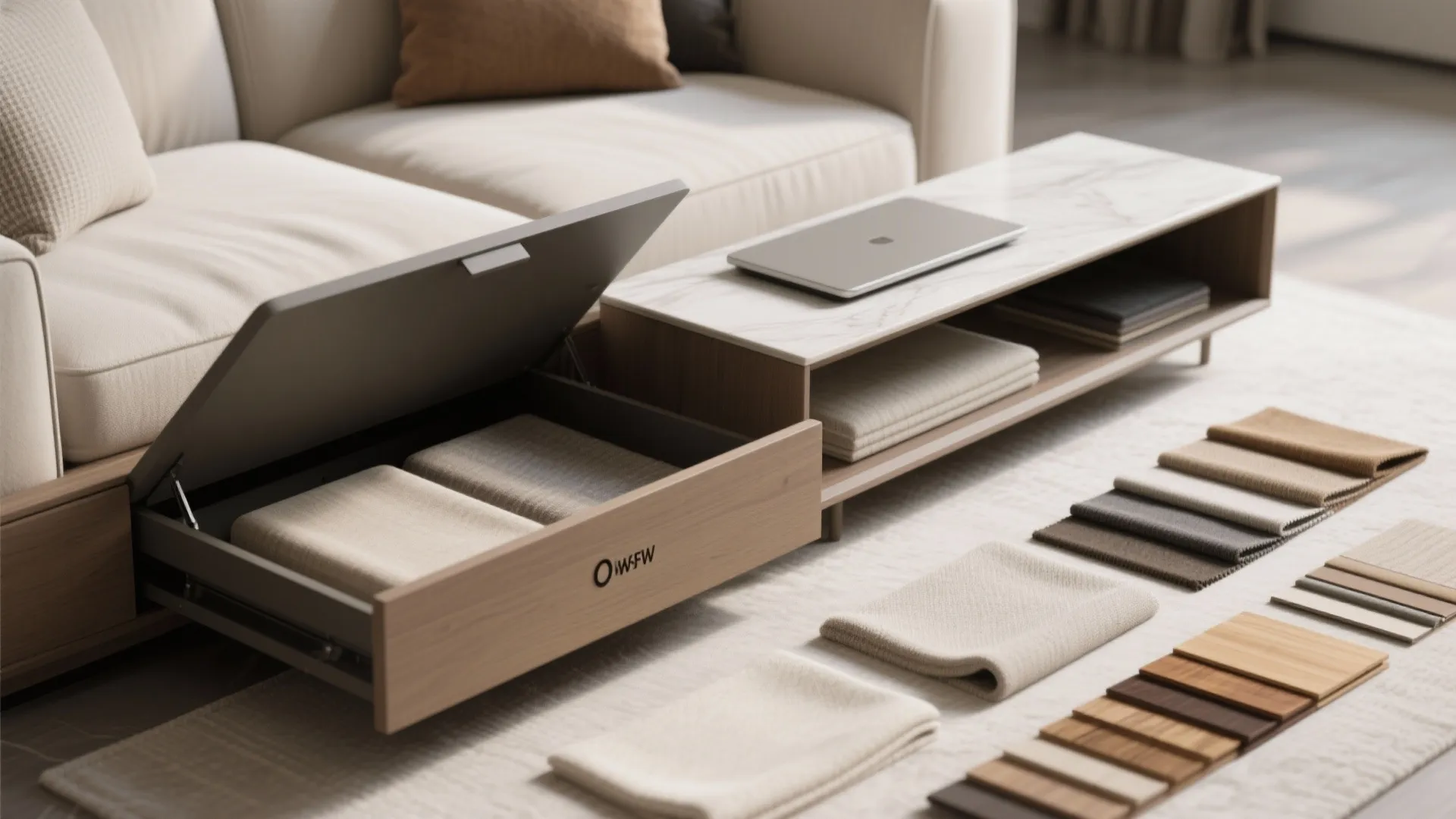 Sofa with wooden storage drawer showing folded blankets next to a low white marble table