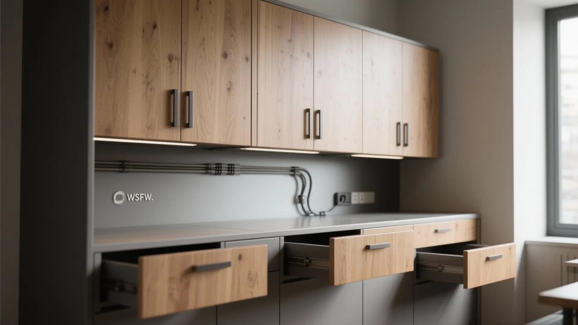 Macro view of custom-height cabinets doubling as standing counters with concealed storage in a small office.