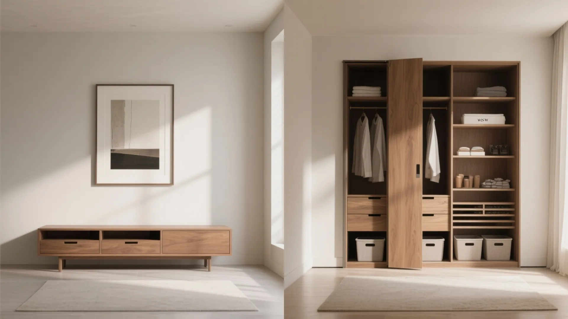 4. Hidden storage behind art and multifunctional furniture