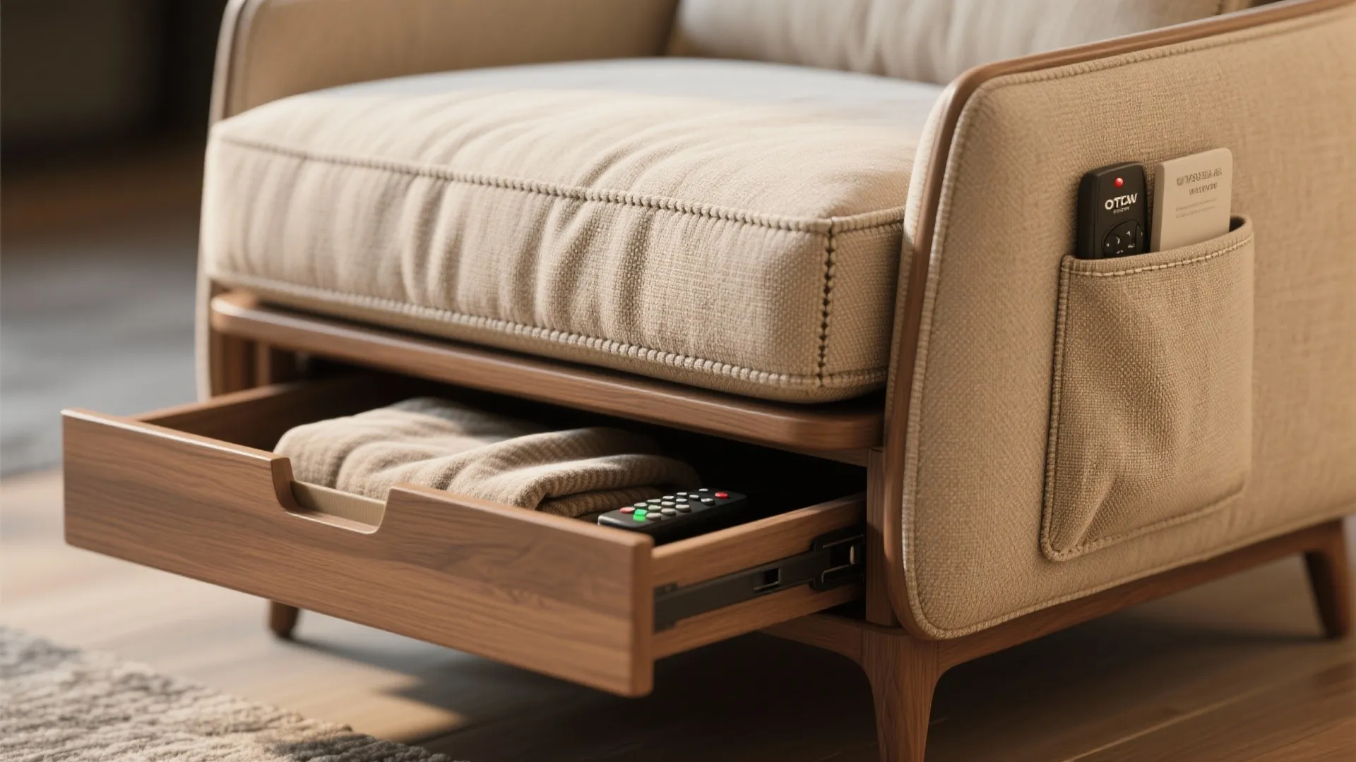 Close up of a beige sofa with wooden storage drawer and side pocket holding remote