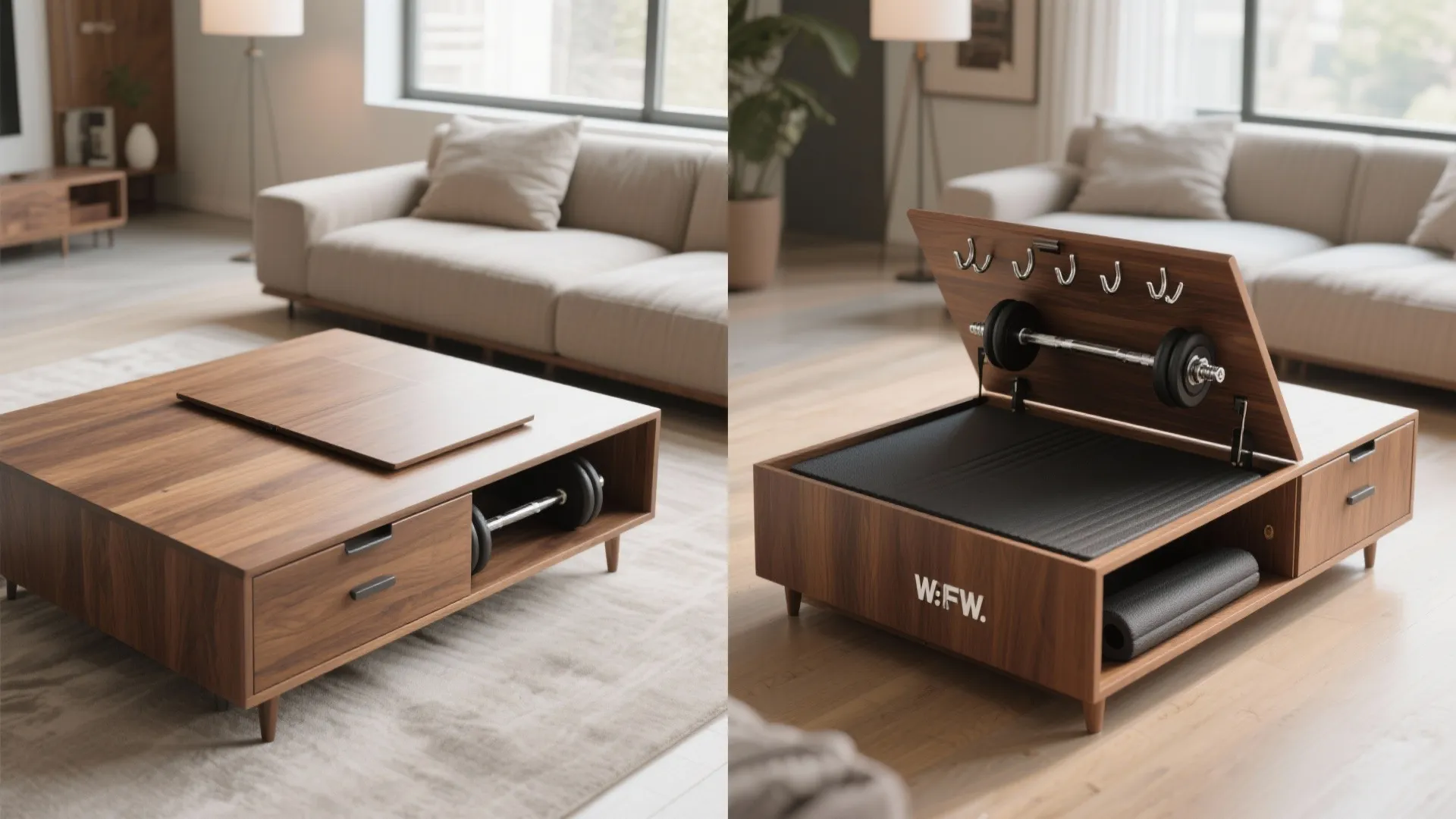 [
  {
    "url": "https://coohom-biz-sg-s3.coohom.com/ins/static/article/hidden-storage-1760452388891649900.jpg",
    "alt": "Side by side view of a wooden coffee table showing hidden storage for gym equipment"
  }
]
