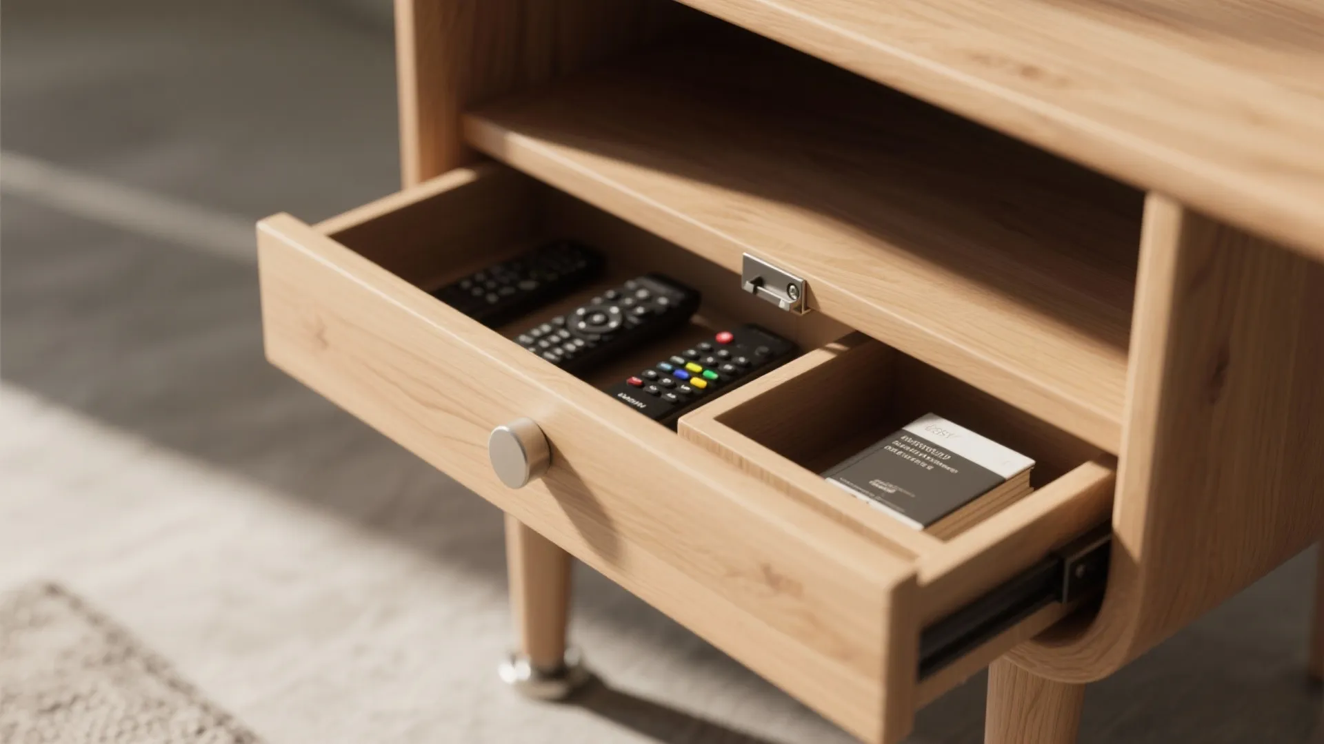 Open wooden drawer holding several black remote controls and a small book for organized storage