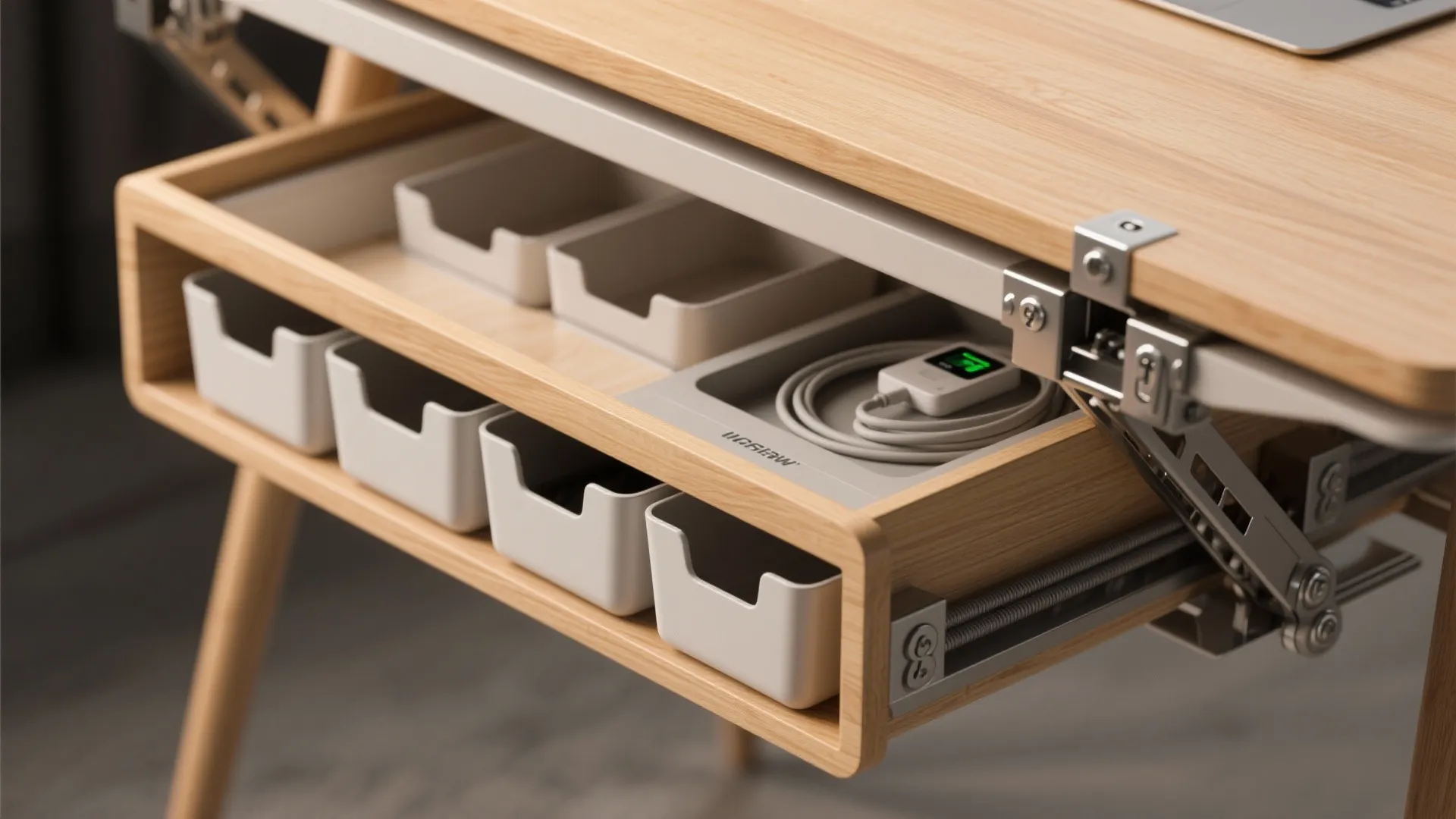 Lifted tabletop revealing hidden storage bins and an integrated charging station with neat cable routing.