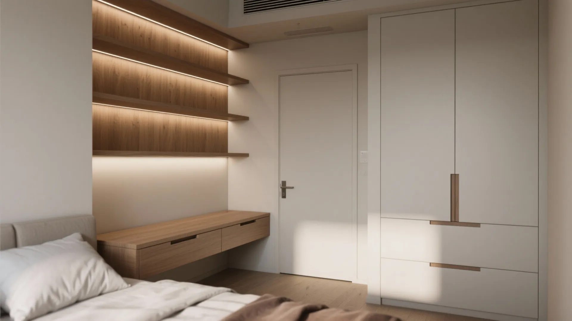Wooden wall shelves with light fixtures placed next to a white bedroom cabinet and door