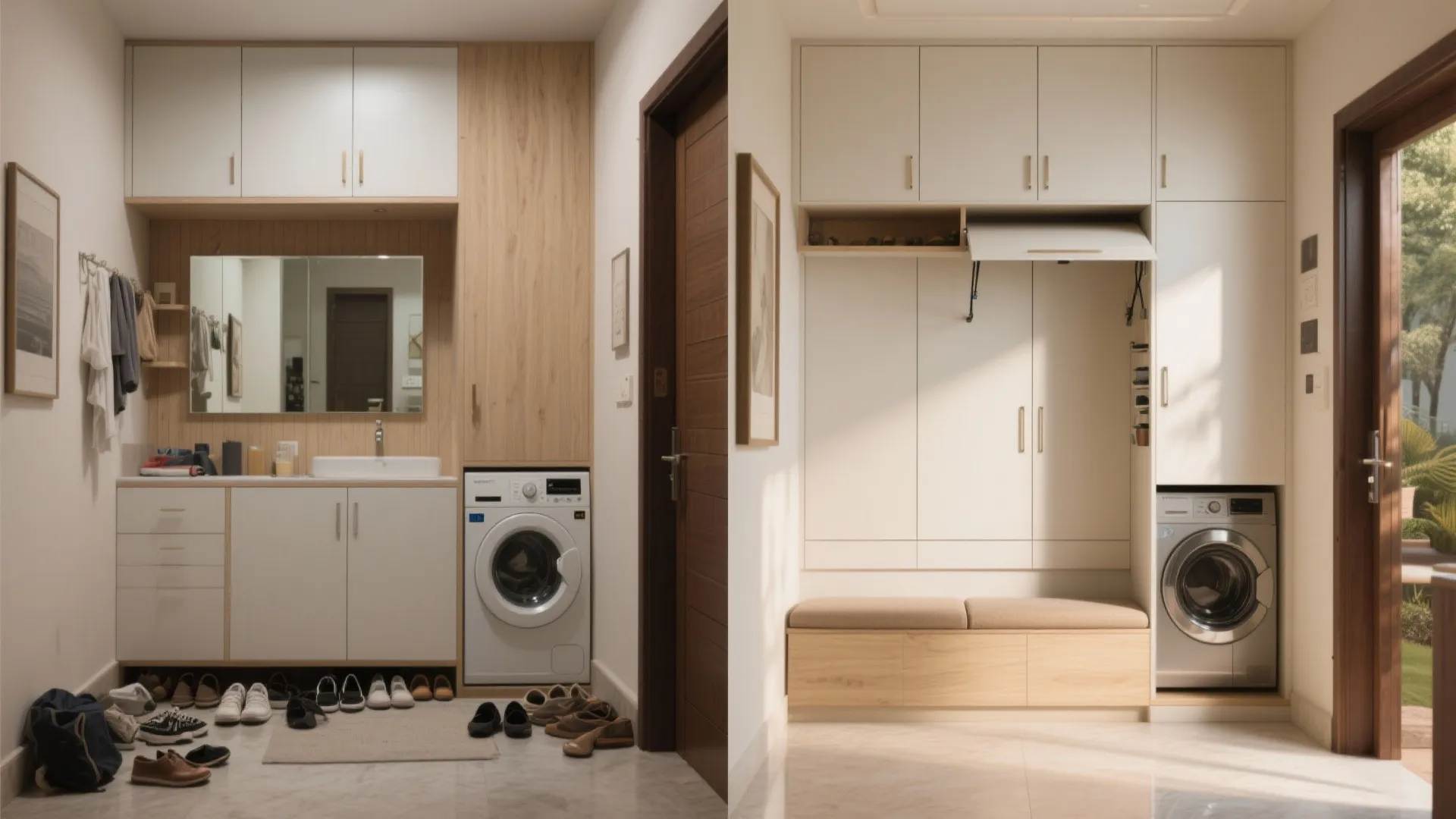 Before-and-after of foyer and utility showing clutter transformed into hidden storage with slim cabinets and a lift-up bench.