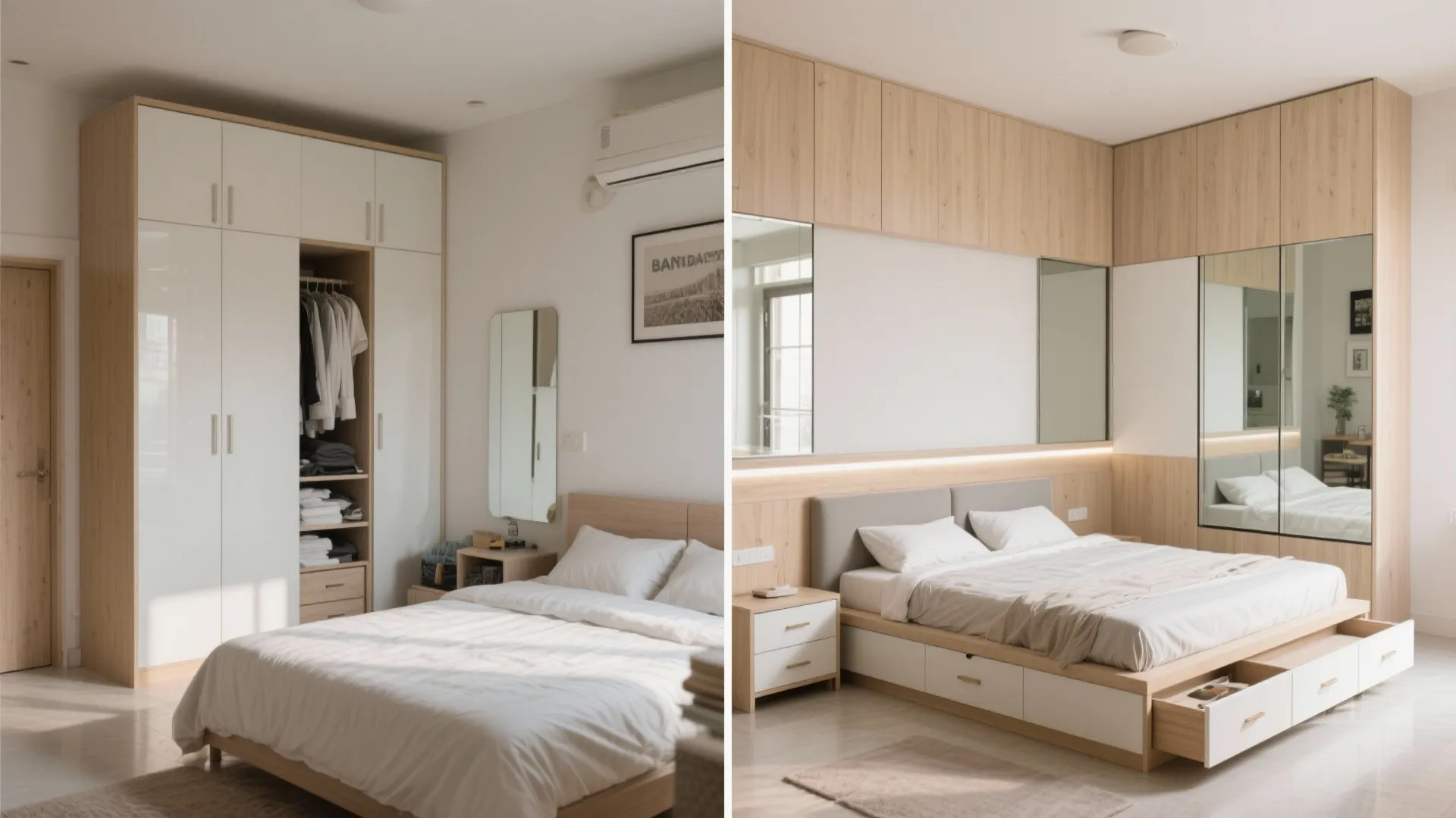 Storage that disappears: platform beds, wall-to-wall robes, and slim niches