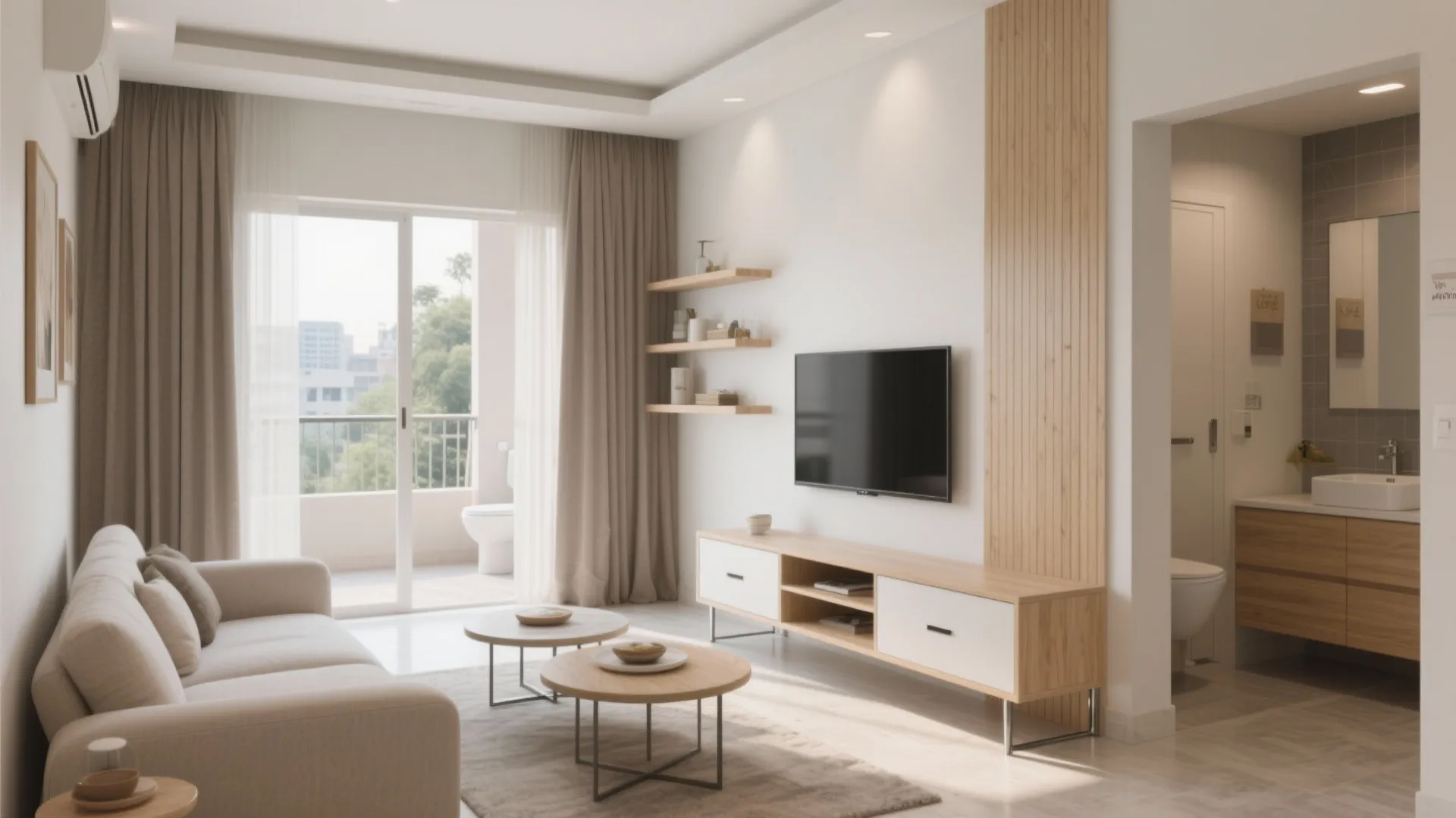 Bright living room with beige sofa and wood wall panel and television and balcony view