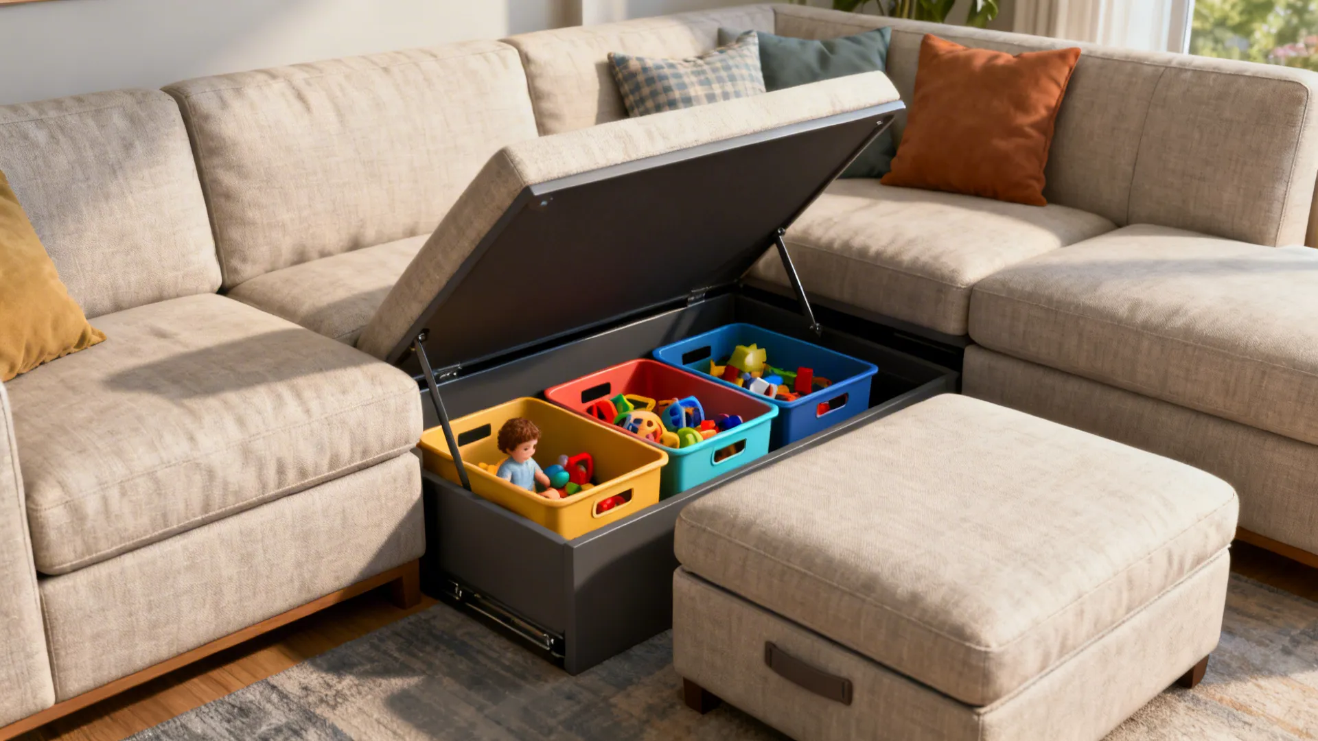 L-shaped sofa with under-seat storage and a storage ottoman holding toys and blankets in a tidy living room.