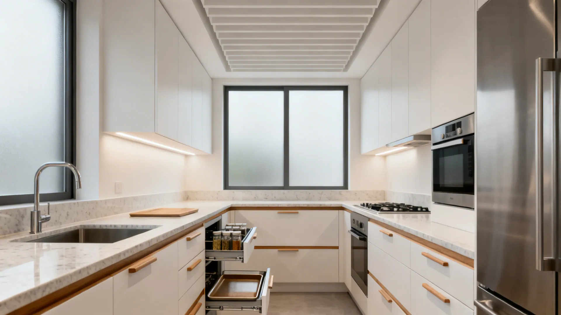 Compact kitchen with slim pull-outs and toe-kick drawers keeping counters clear under a clean plus-minus ceiling.