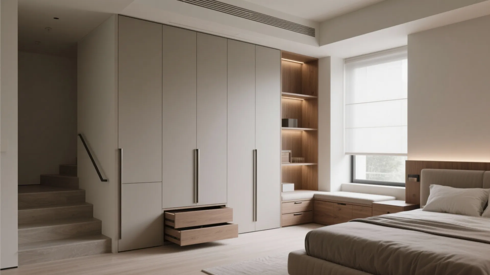 Integrated wall panels, stair drawers, and headboard niches create hidden storage in a 6 BHK.