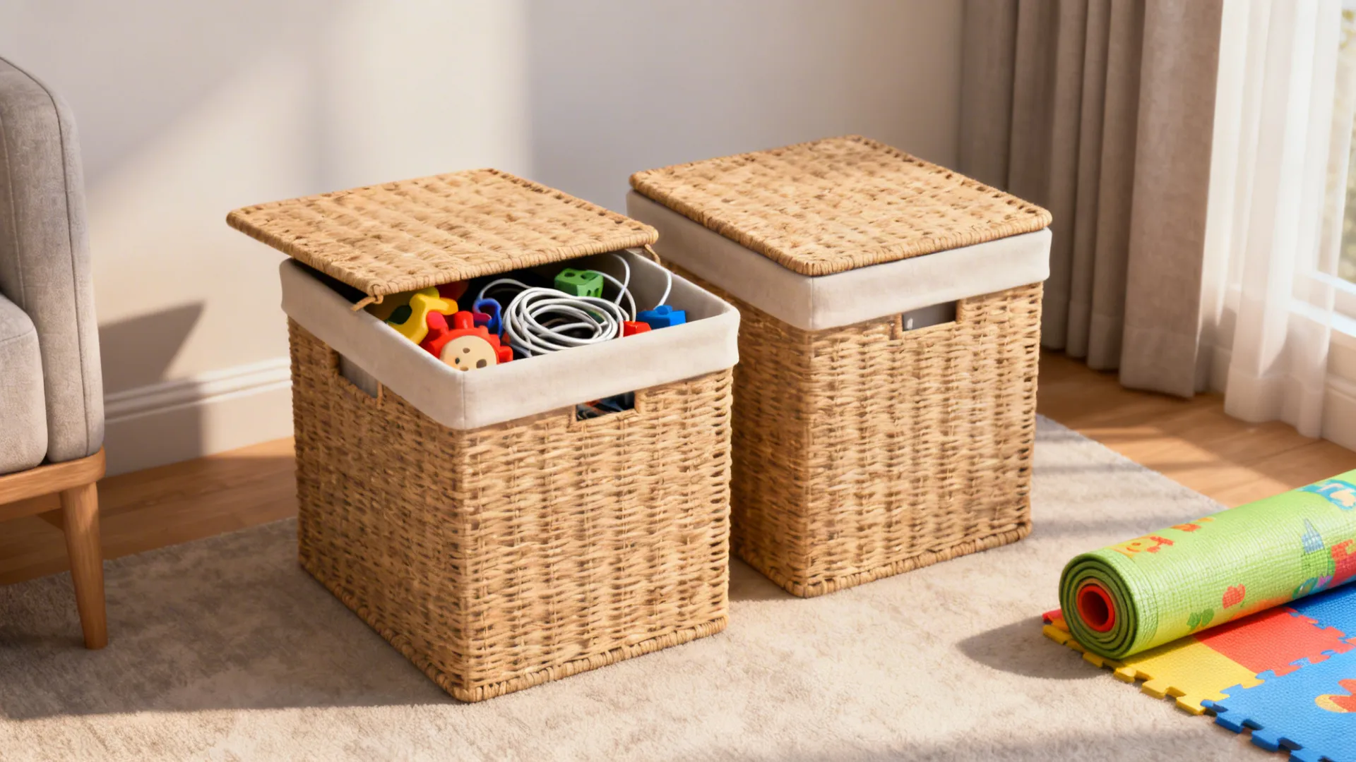 Two matching lidded baskets concealing toys and cables in a tidy living room.