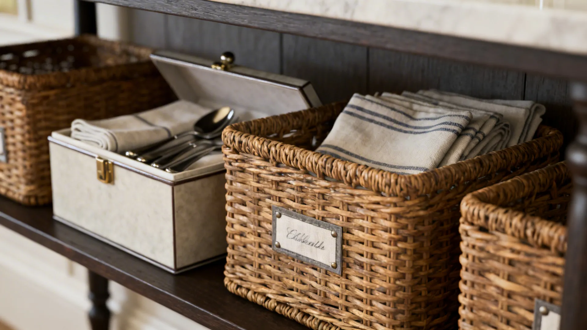Lower buffet shelf with woven baskets and a lidded box neatly storing linens and serveware.