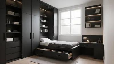 Modern Black Bedroom with Smart Storage Solutions