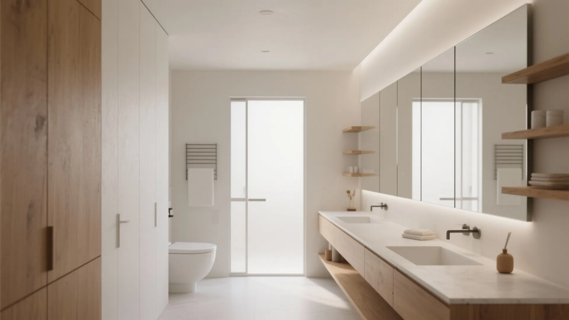 Minimalist white bathroom featuring long double vanity wooden storage cabinets large mirror and frosted door