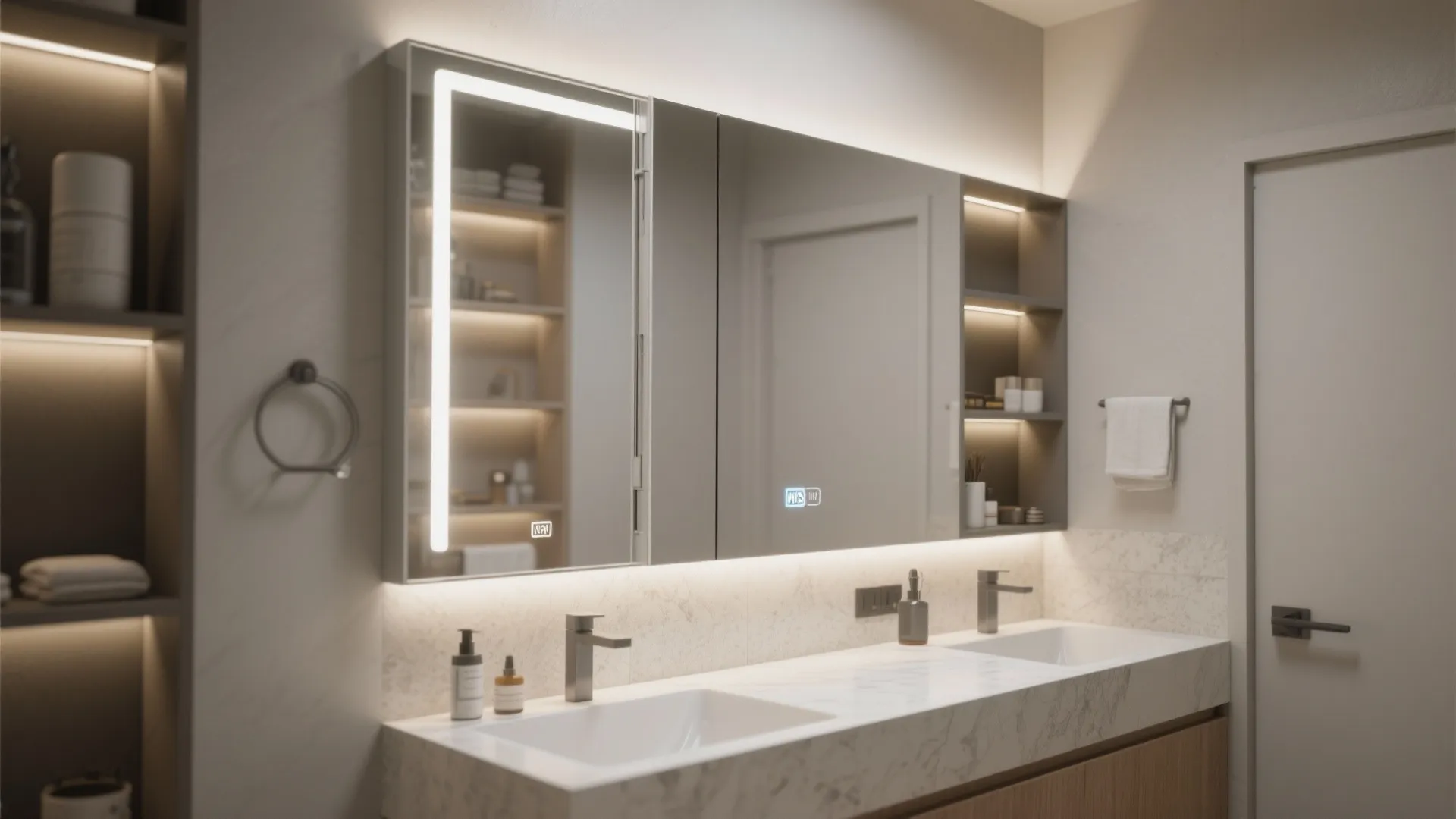 Large bathroom vanity with double sinks and a wide mirror cabinet with built in lights