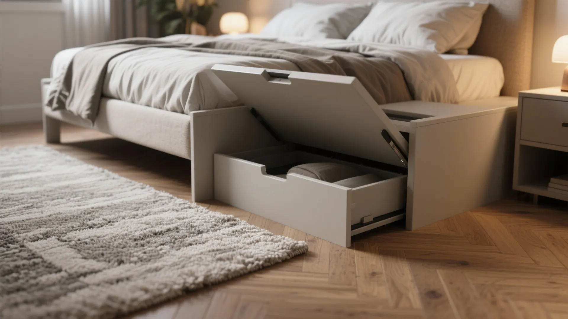 Close-up of a lifted bed frame revealing hidden storage space