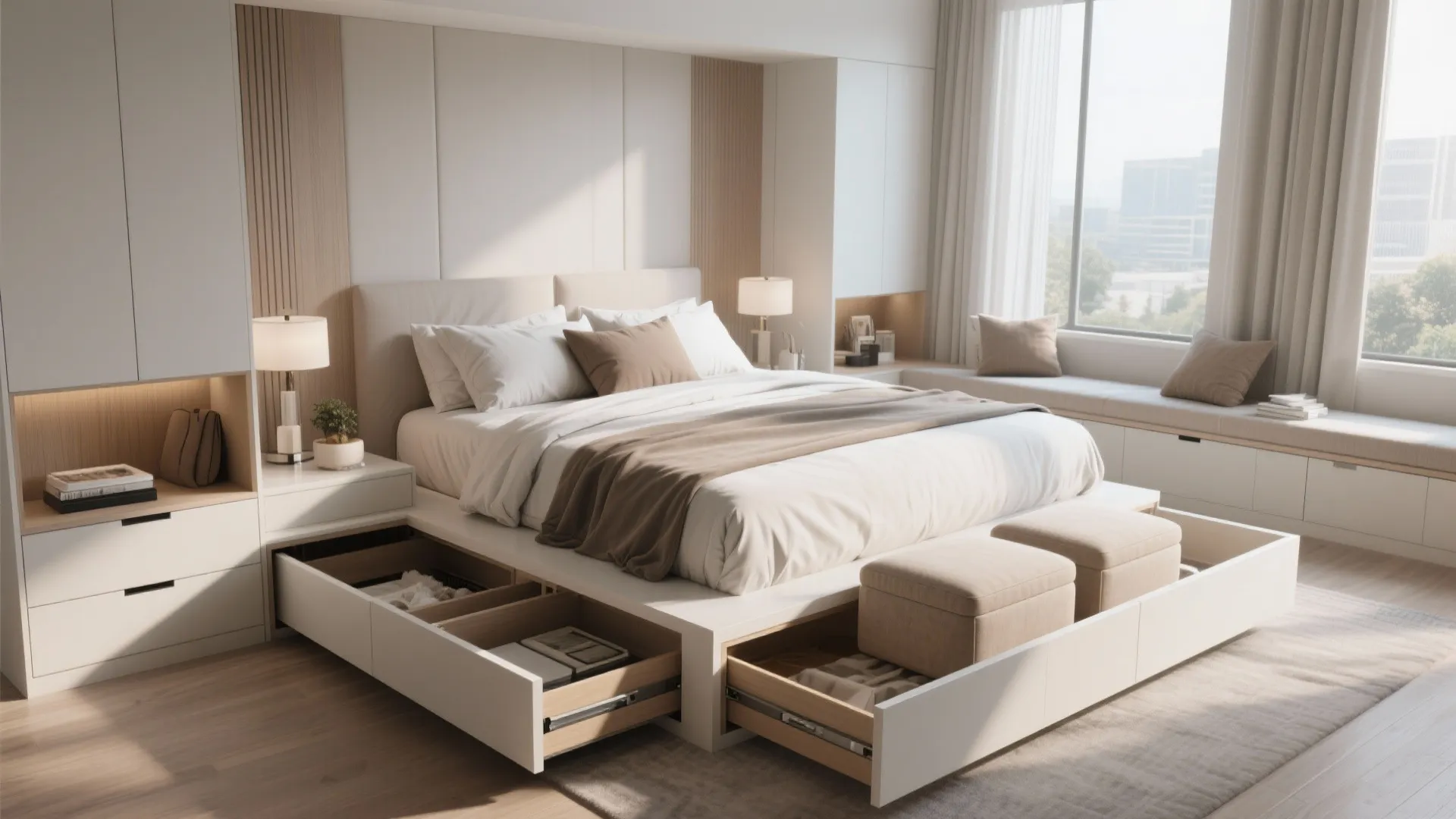 Modern bed with open storage drawers showing clothes and footrest in a bright tidy bedroom