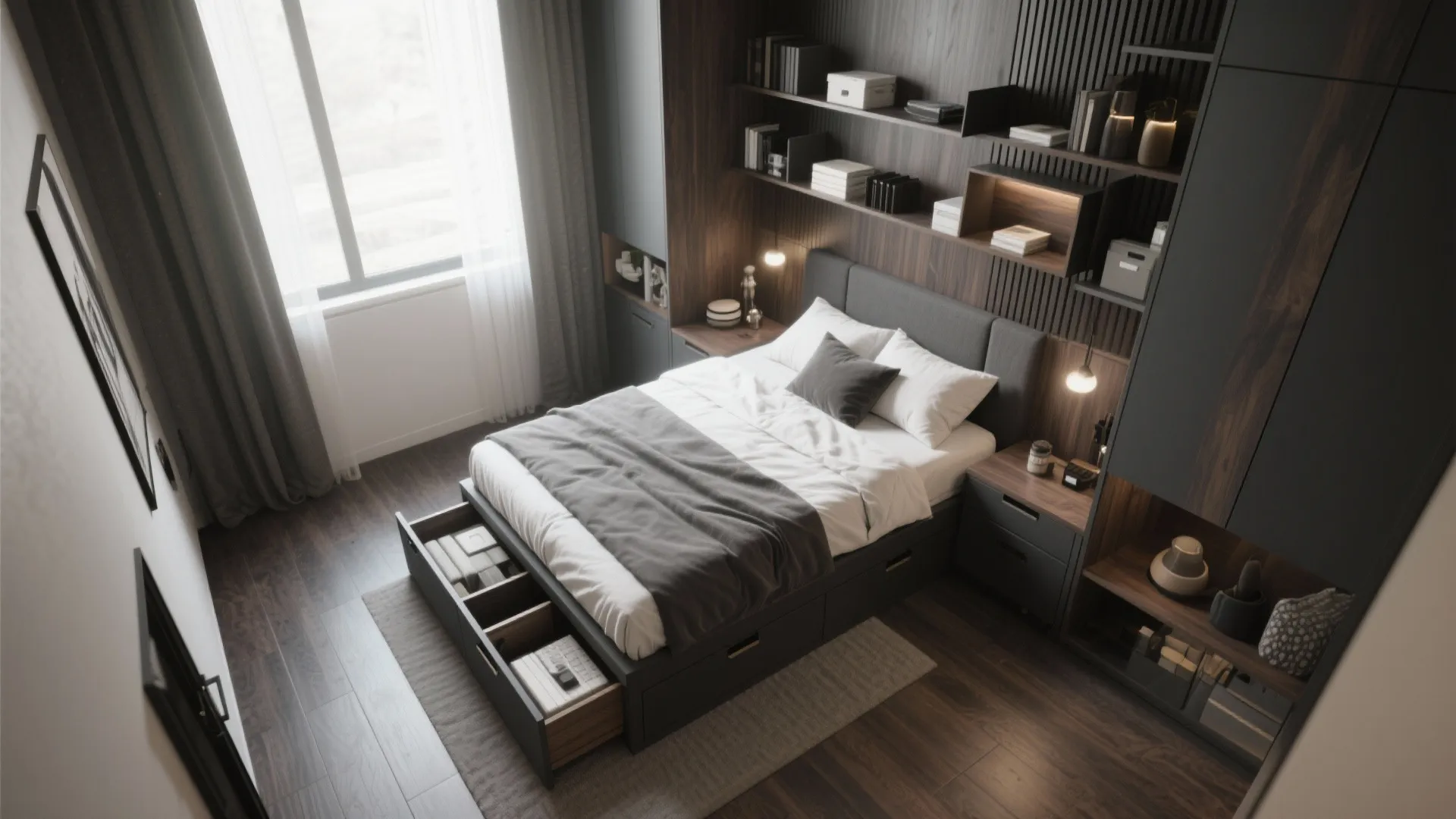 Modern bedroom with bed having open storage drawer, dark wall shelves, cabinets, and a window