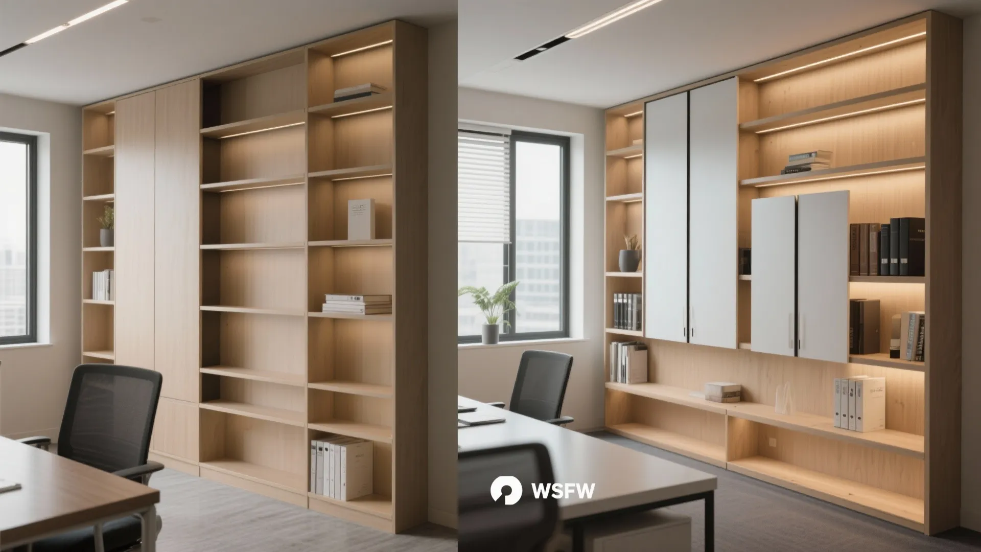 Office shelving before and after hiding clutter with panels