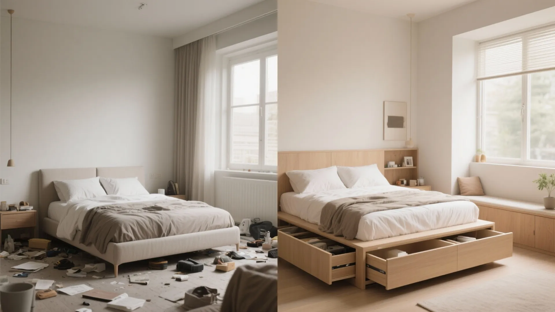 Before-and-after view of a bedroom with hidden storage added