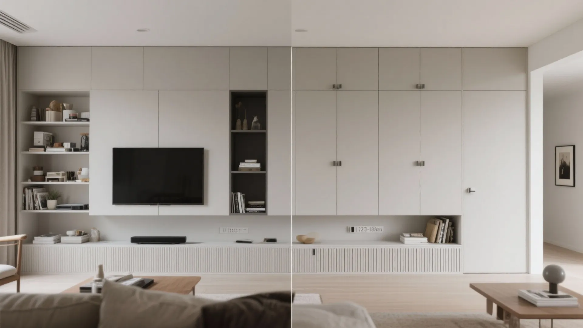 5) Large-format wall panels with hidden storage