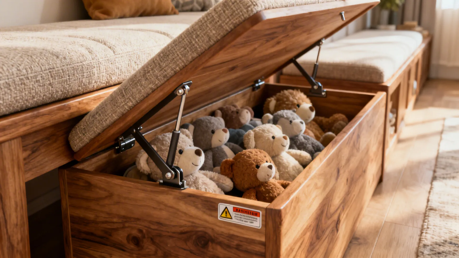 Wooden storage bench with an open lid filled with many soft teddy bear plush toys