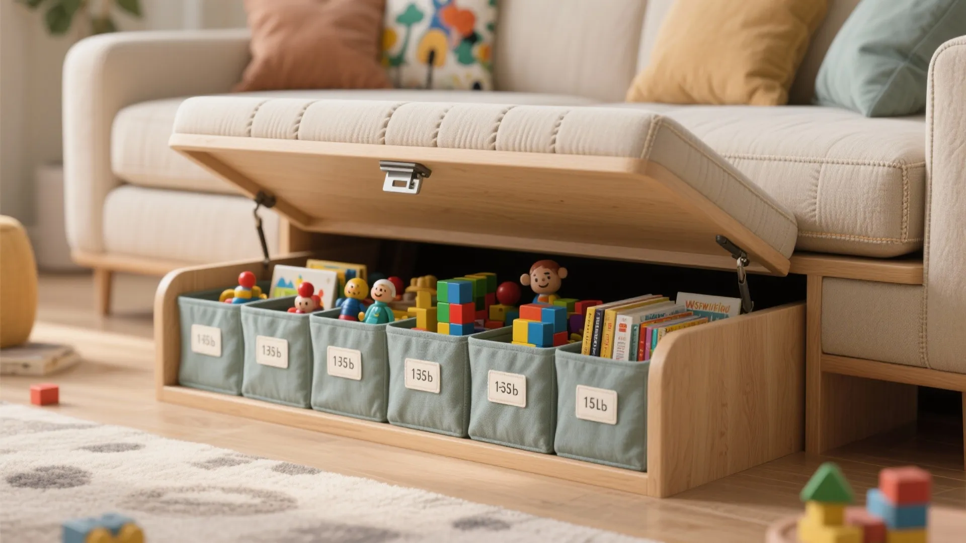 Under seat storage compartment inside a wooden sofa filled with organized green fabric toy bins