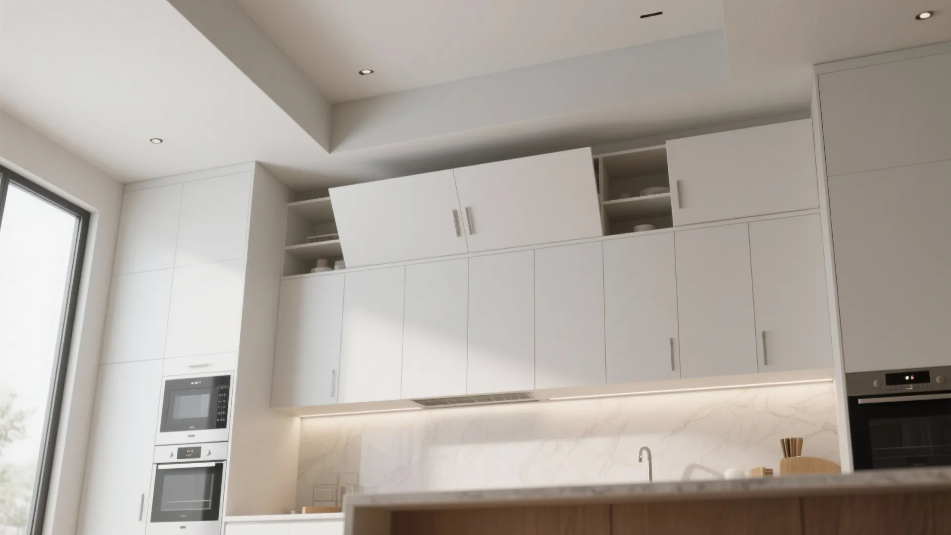 High white kitchen cabinets with one door open showing storage space above a marble wall