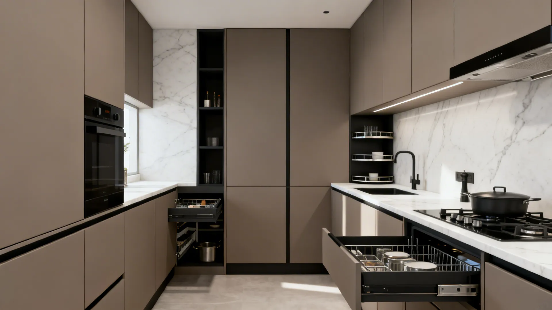 Small galley kitchen with matte handleless cabinets, pull-out pantry, corner carousel, and deep drawer storage.