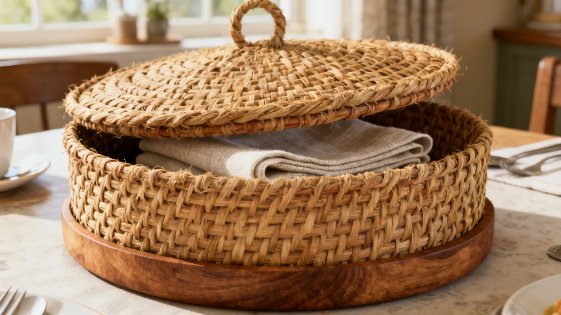 Woven lidded basket centerpiece on a small table used to store napkins and keep surface tidy.