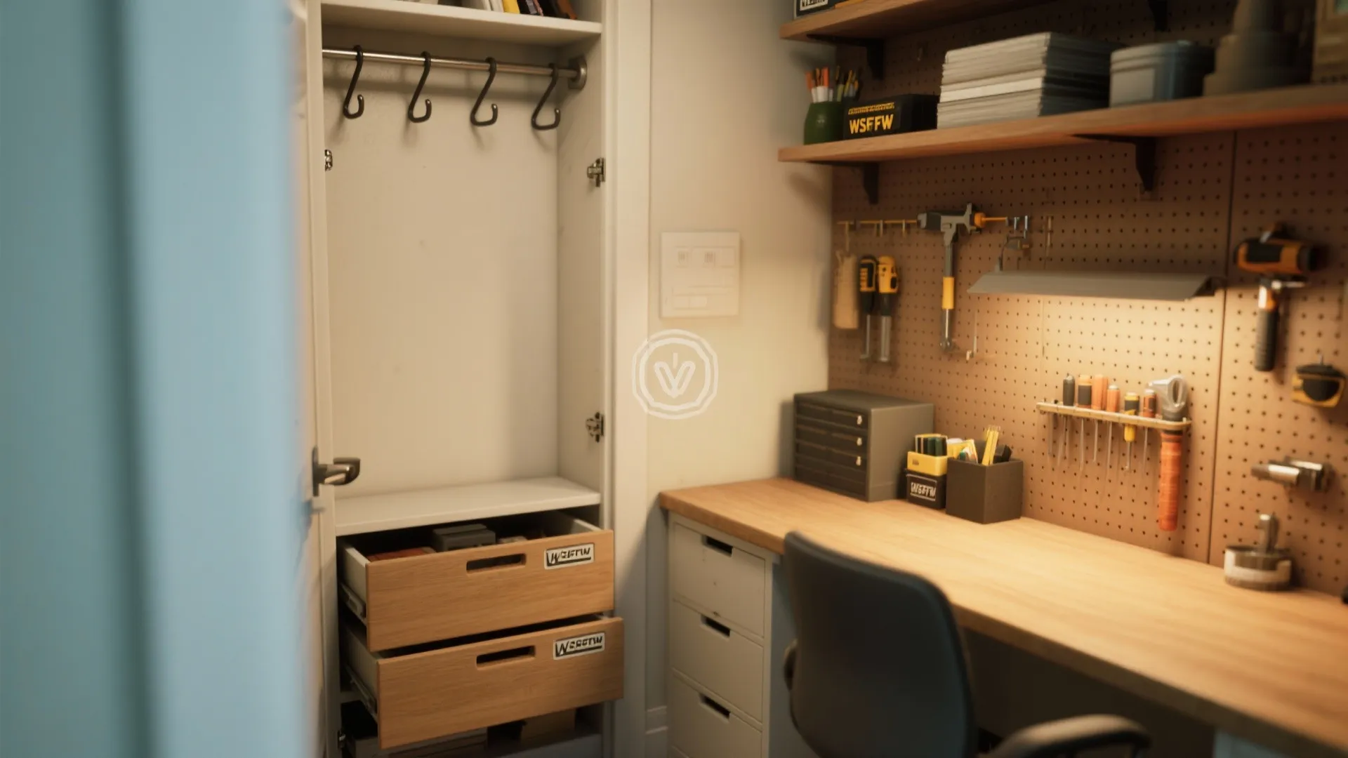 Hidden hooks, drawers, and pegboard in a closet office