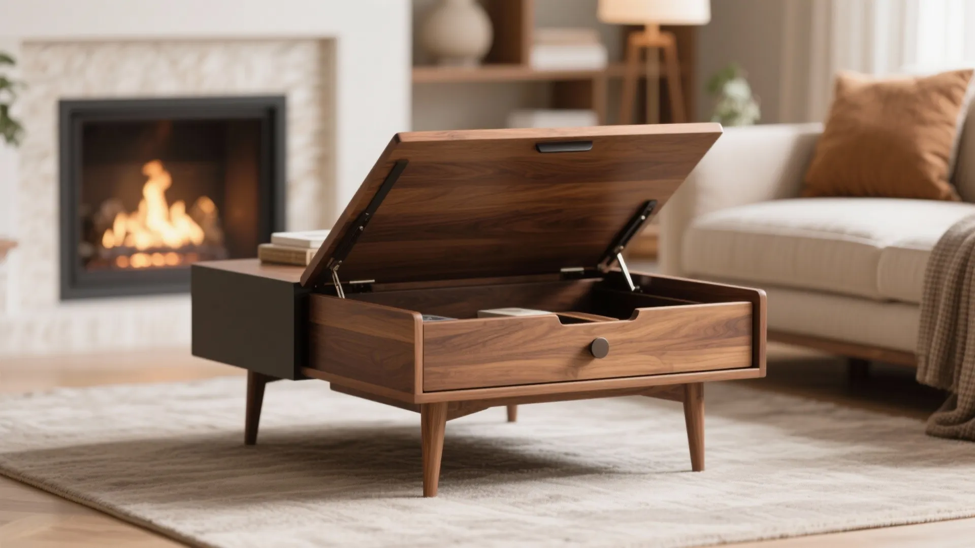 Lift-top coffee table with hidden storage in a living room