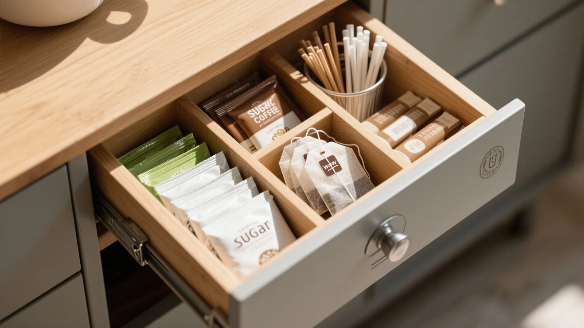 Organized wooden drawer storing tea bags, sugar packets, and stir sticks in an office kitchen