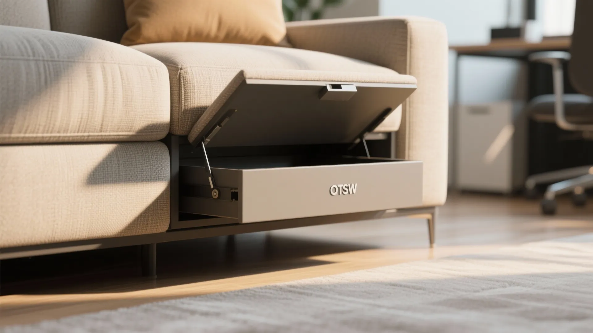 Close-up of couch with hidden storage in office