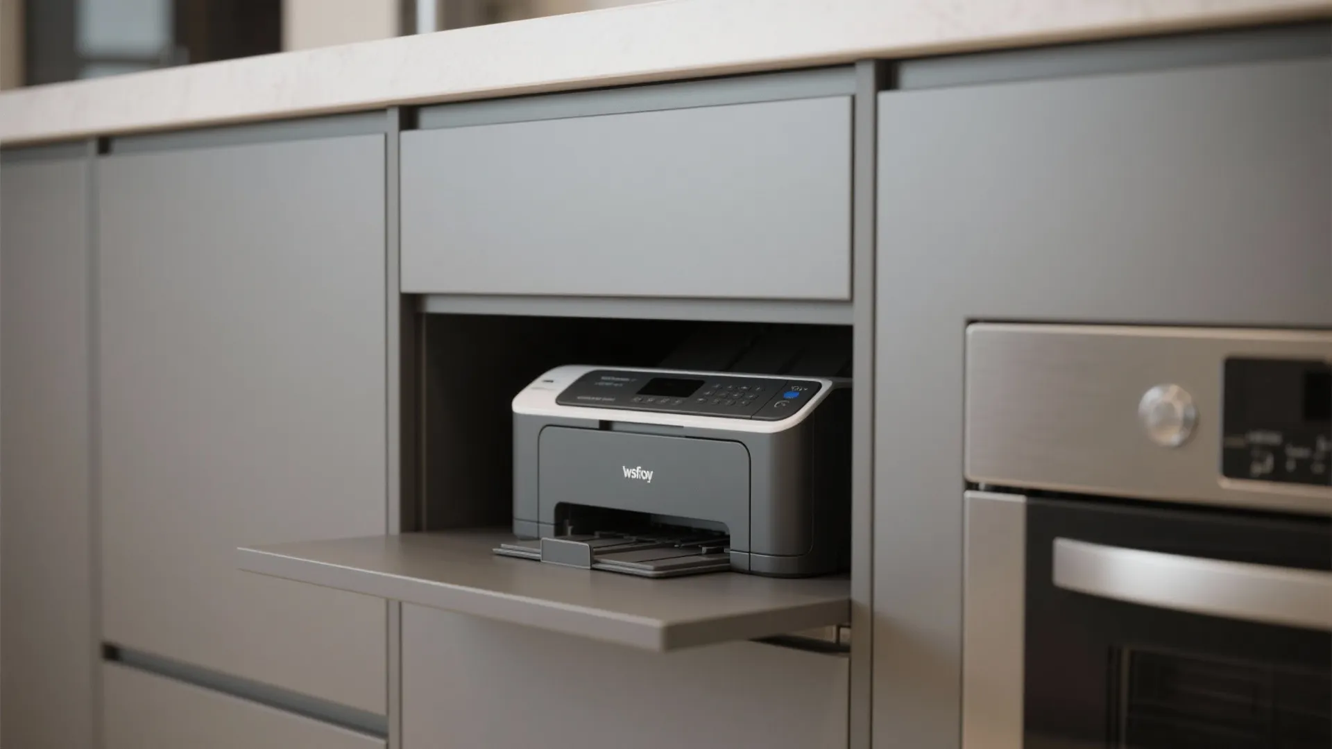 Grey kitchen cabinet featuring a pull out shelf with a printer inside next to oven