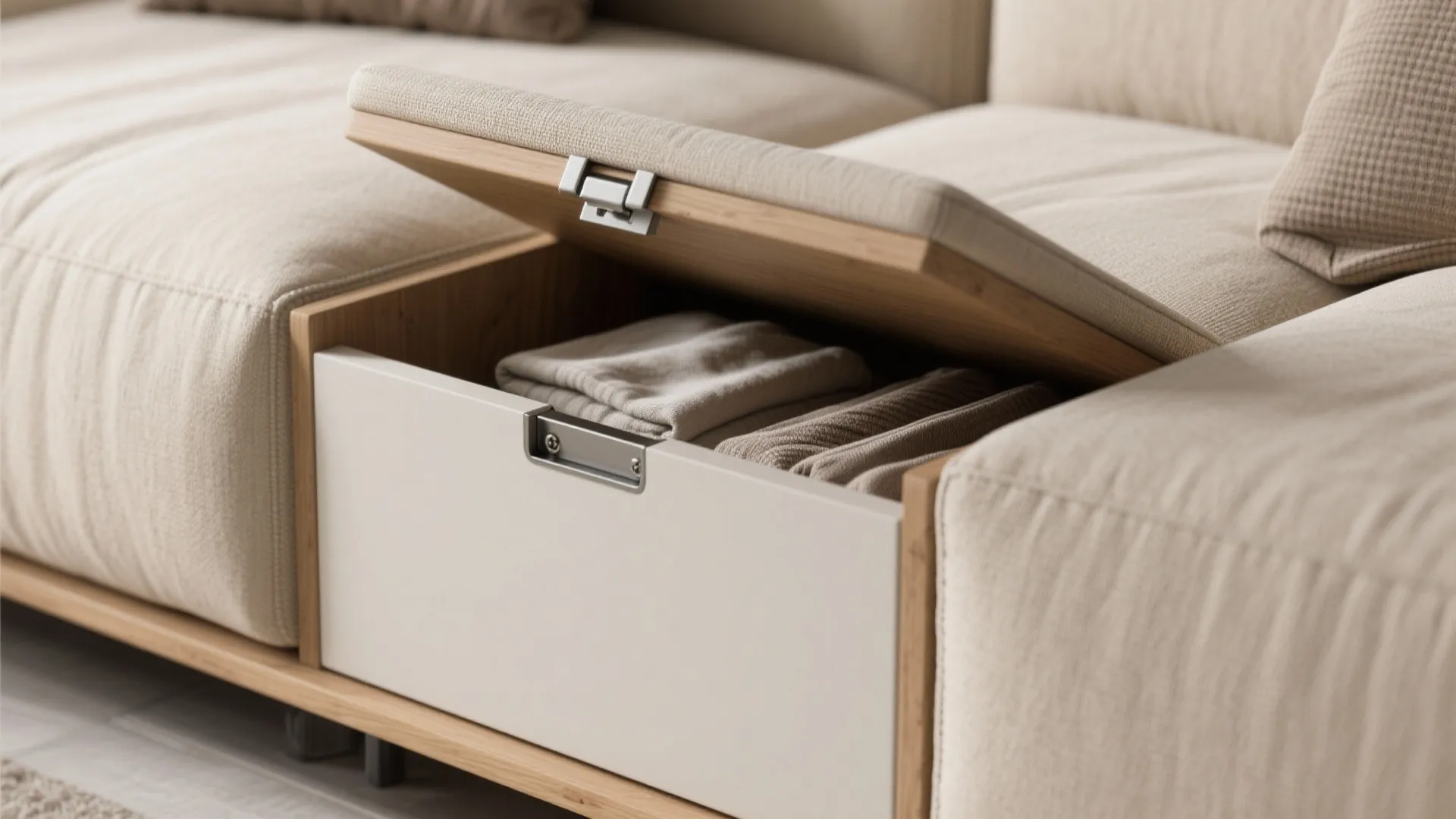 Close up of a beige sofa with an open wooden storage box holding folded soft blankets