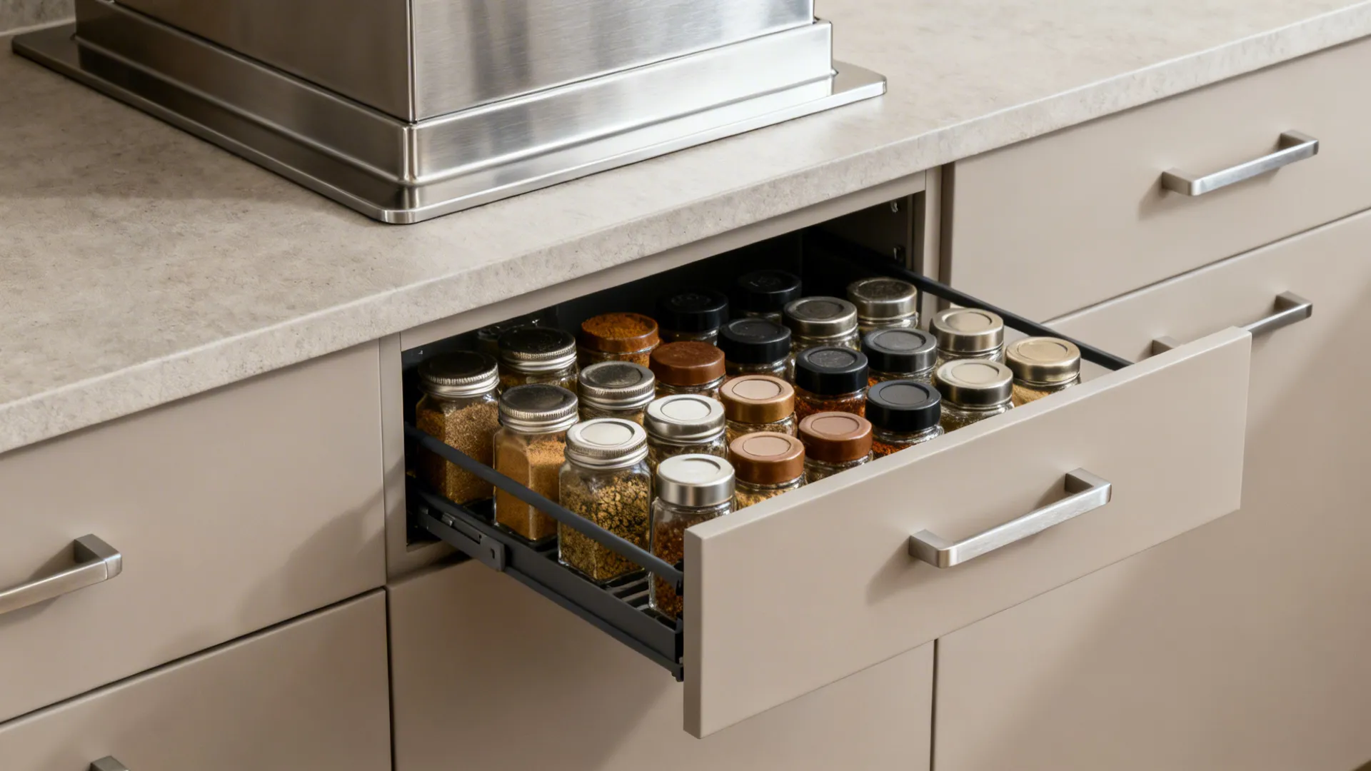 Open kitchen drawer filled with spice jars next to a modern grey stone kitchen countertop