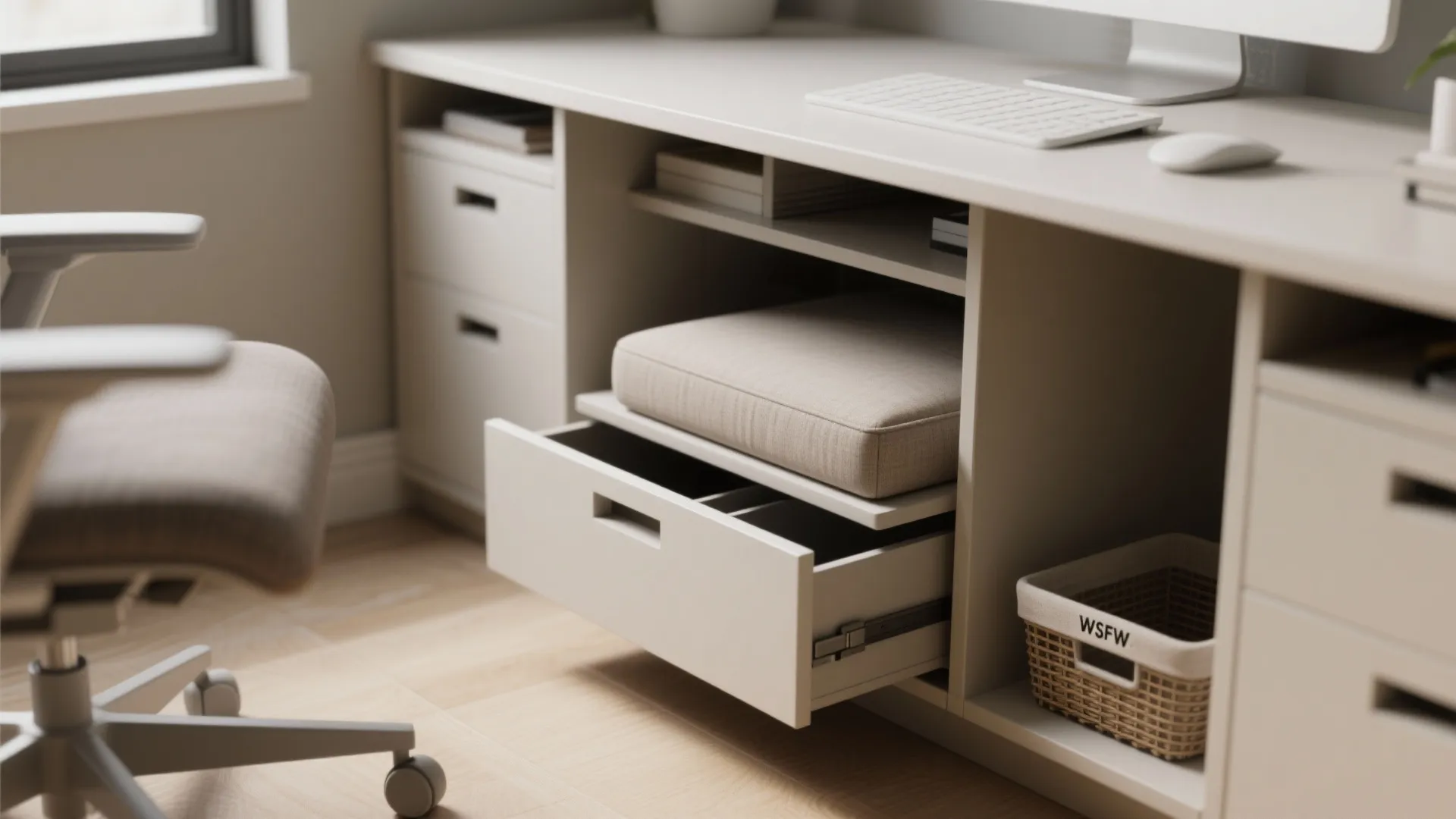 Modern white office desk with open drawer storage compartment a comfortable chair and computer keyboard