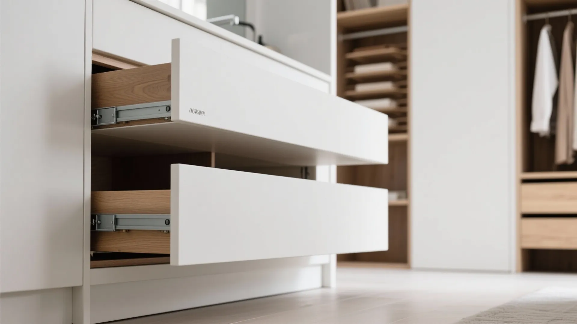 Modern white kitchen cabinet with two open wooden drawers showing metal rails and storage space