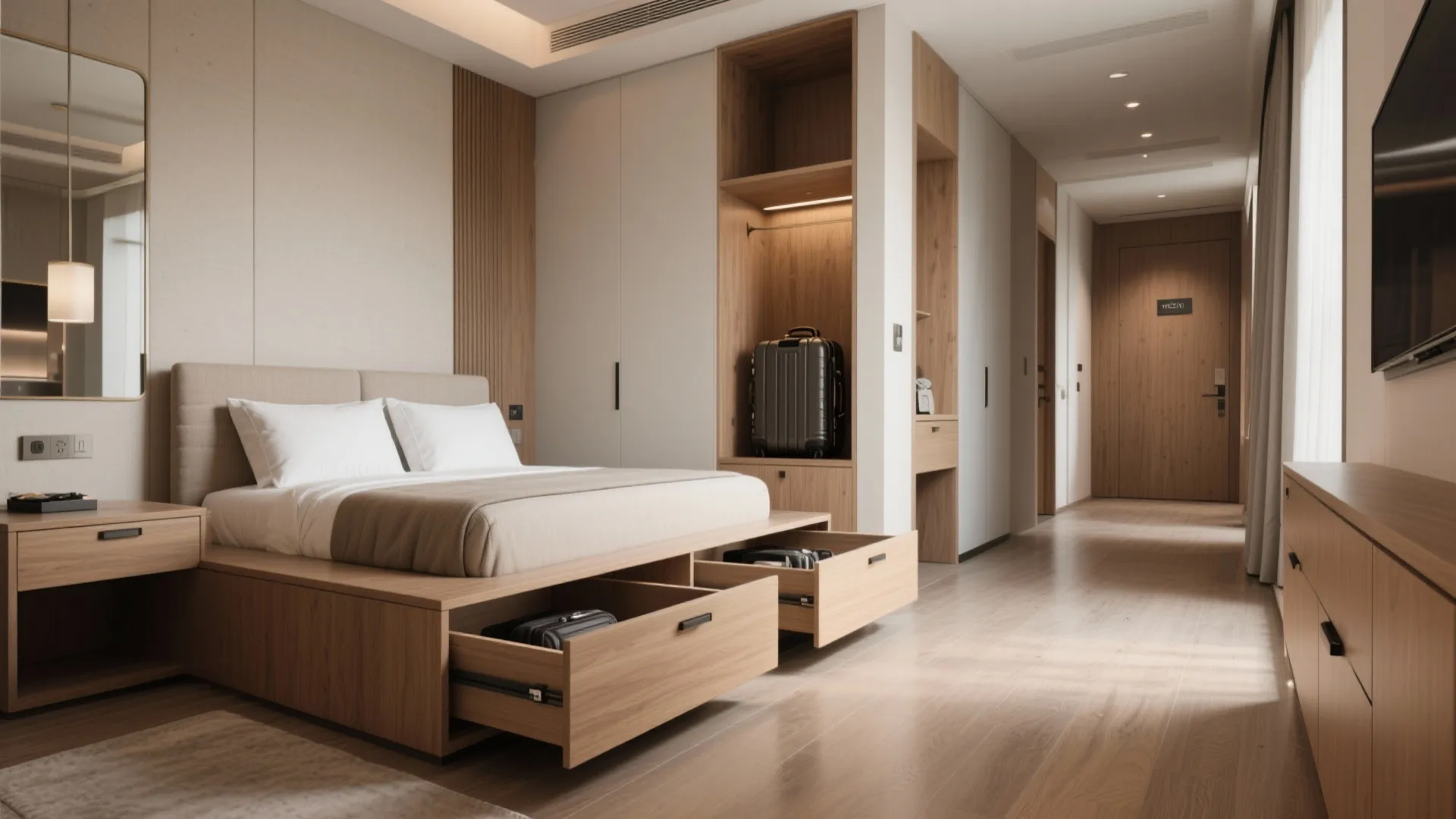 Under-bench drawers and recessed luggage niche providing hidden storage in a suite.