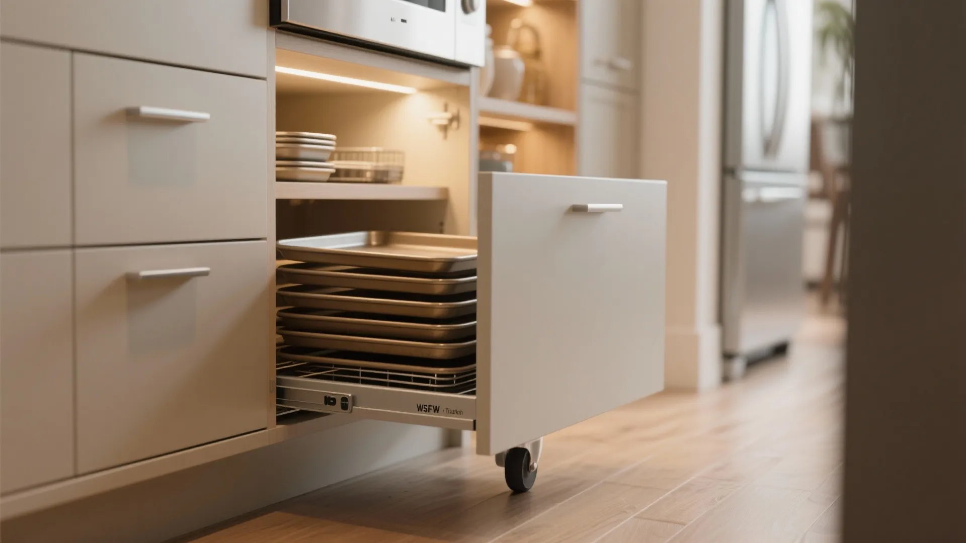 Pull out kitchen cabinet drawer showing organized metal baking sheets and trays for efficient storage