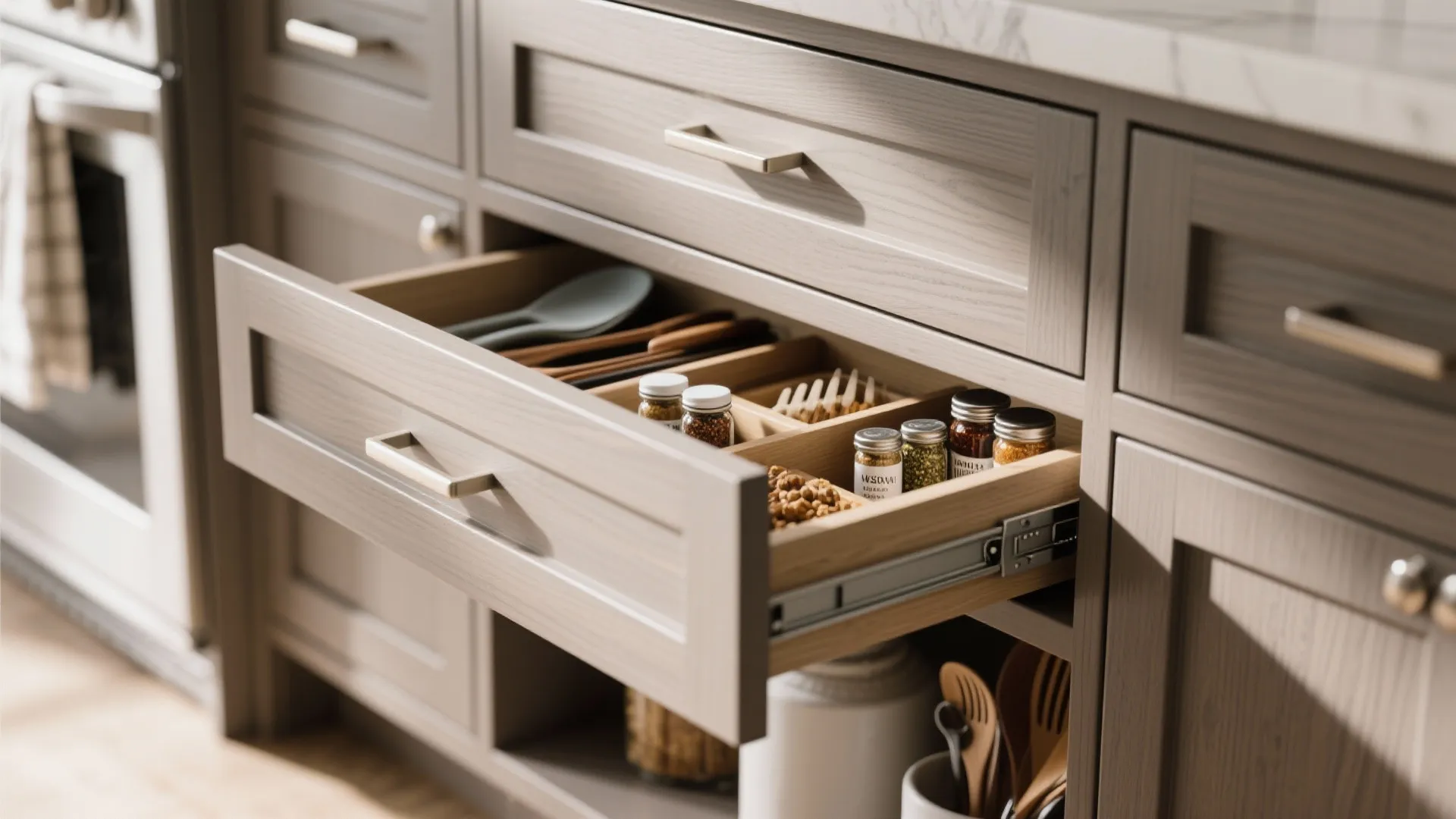 Open wooden kitchen cabinet drawer with organized storage sections for glass spice jars and utensils
