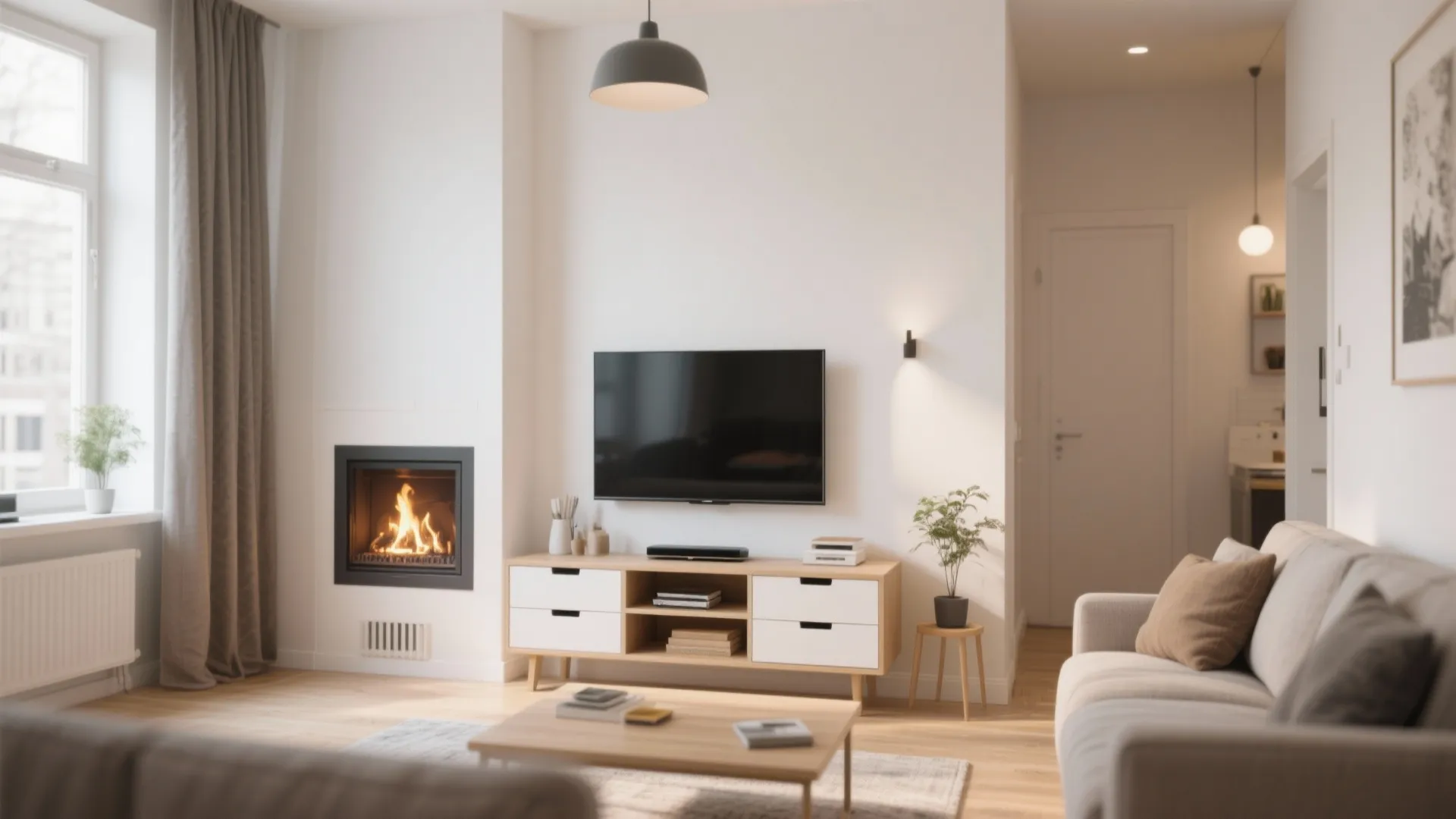 Living room with fireplace TV stand and hidden storage drawers