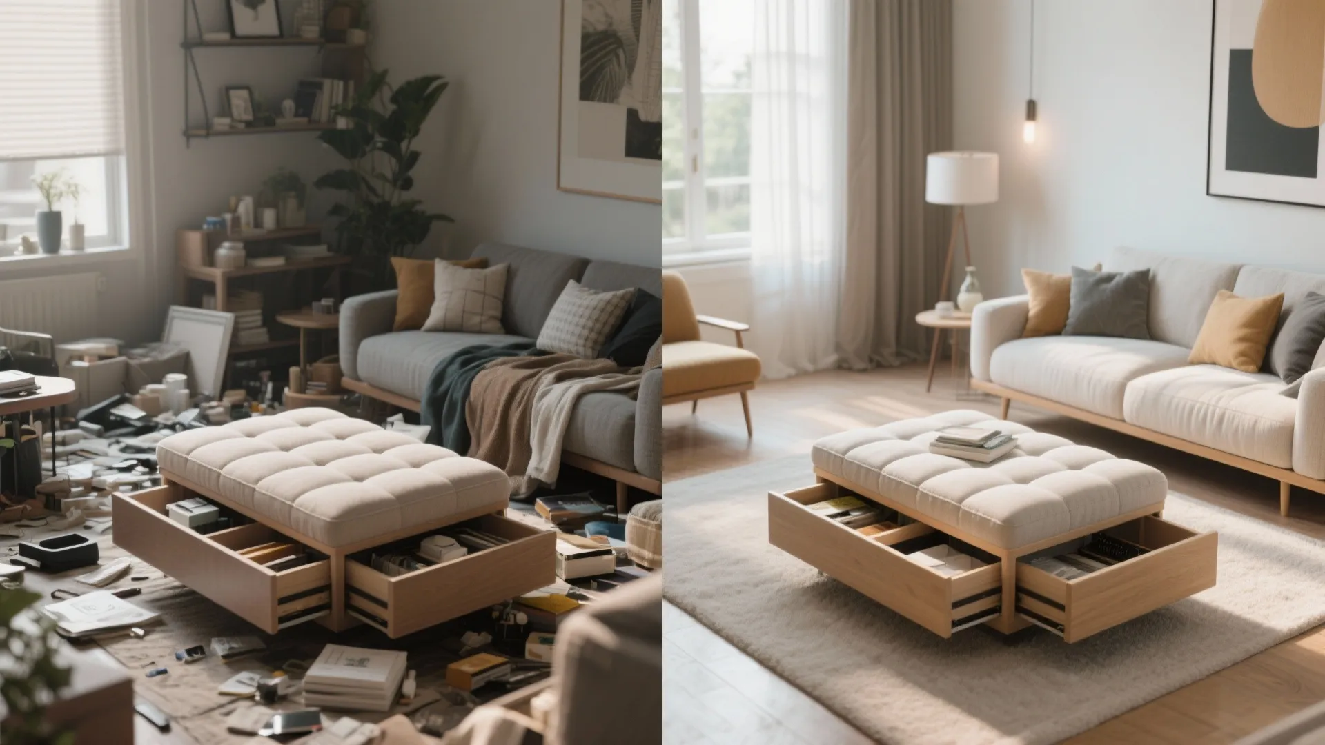 Before and after comparison of a messy living room versus a tidy room with storage footrest