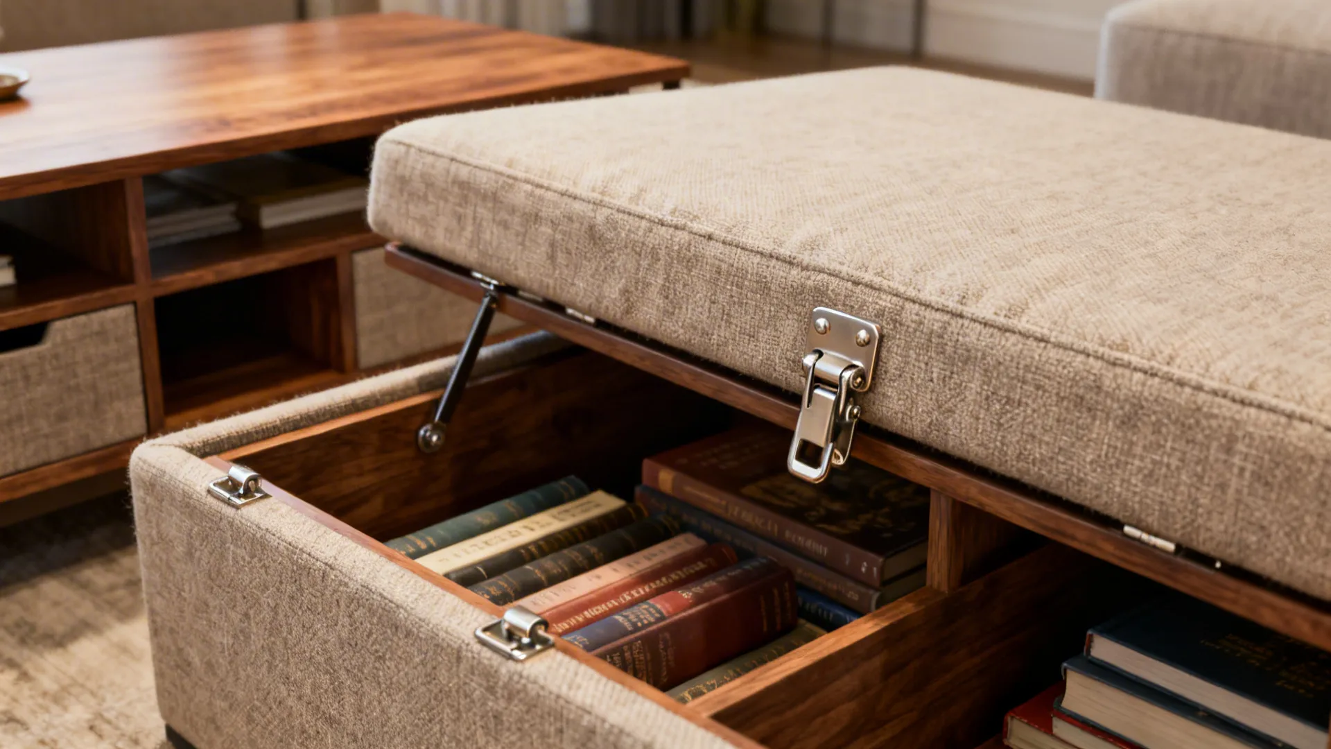 Storage footrest with an open lid revealing books stored inside the hidden wooden storage compartment