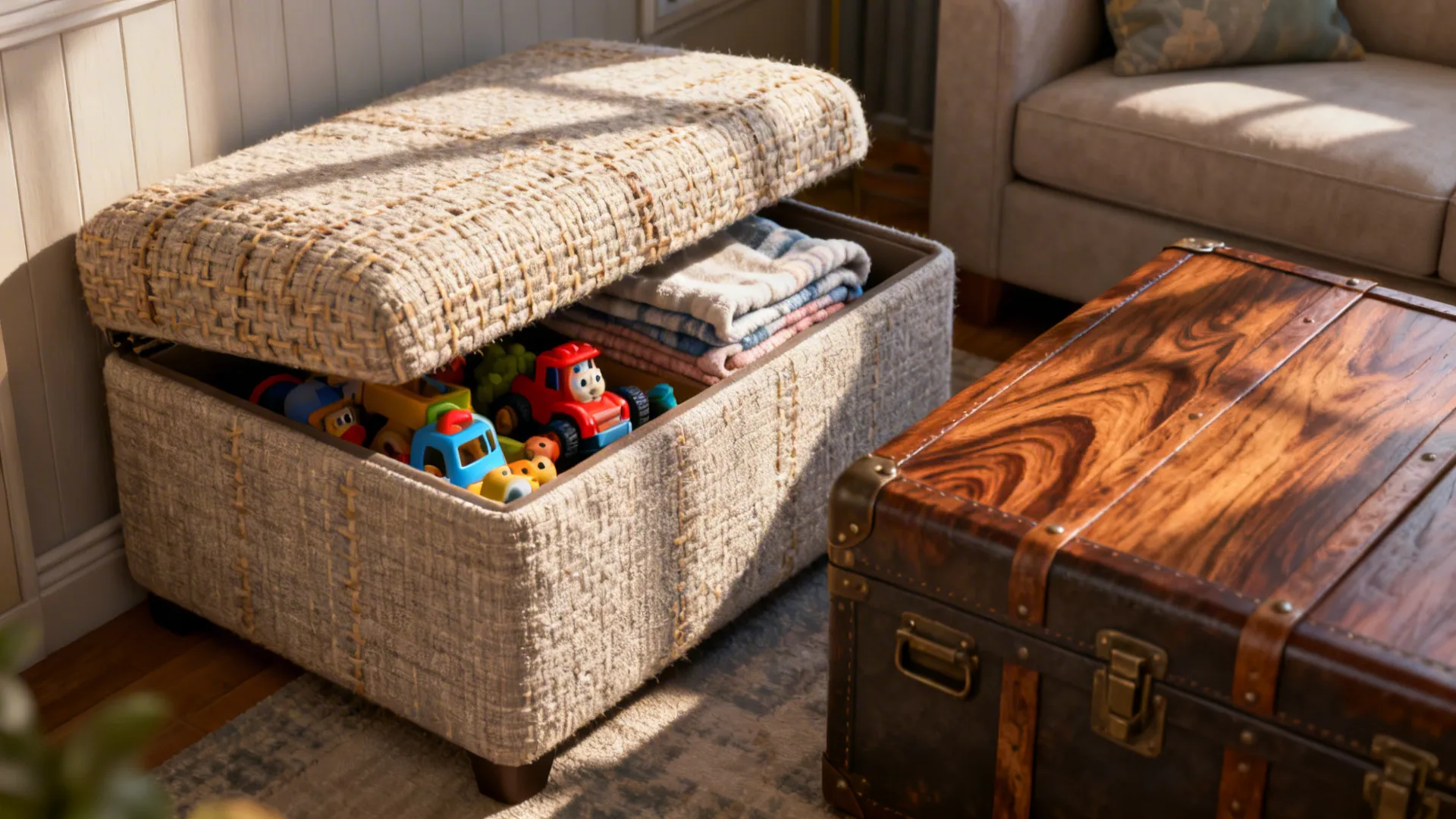 Storage ottoman and trunk coffee table with toys stored inside, close-up of materials